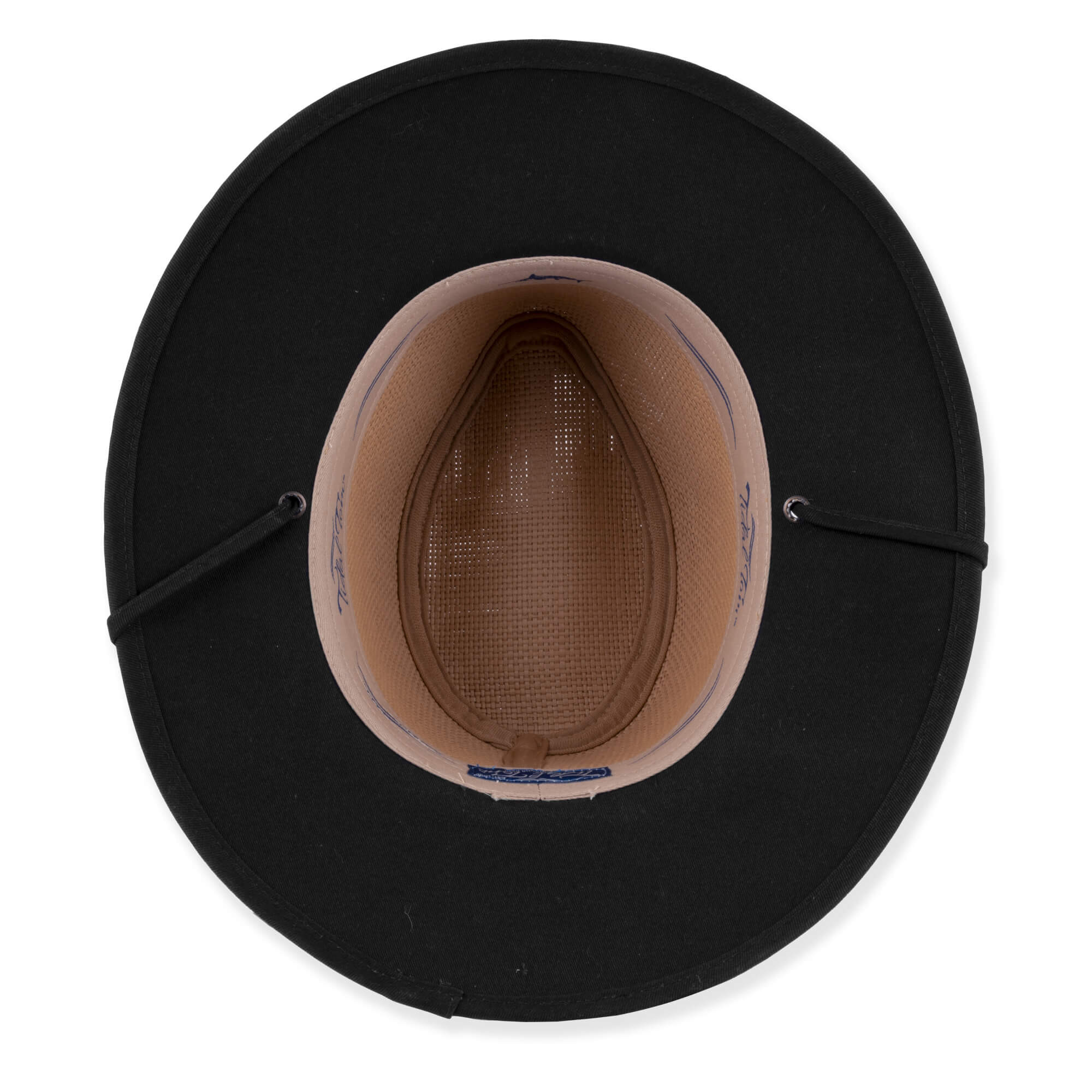 Top-down view of a copper performance fedora featuring a pinched crown, black fabric band, wide brim, and adjustable chin-strap.