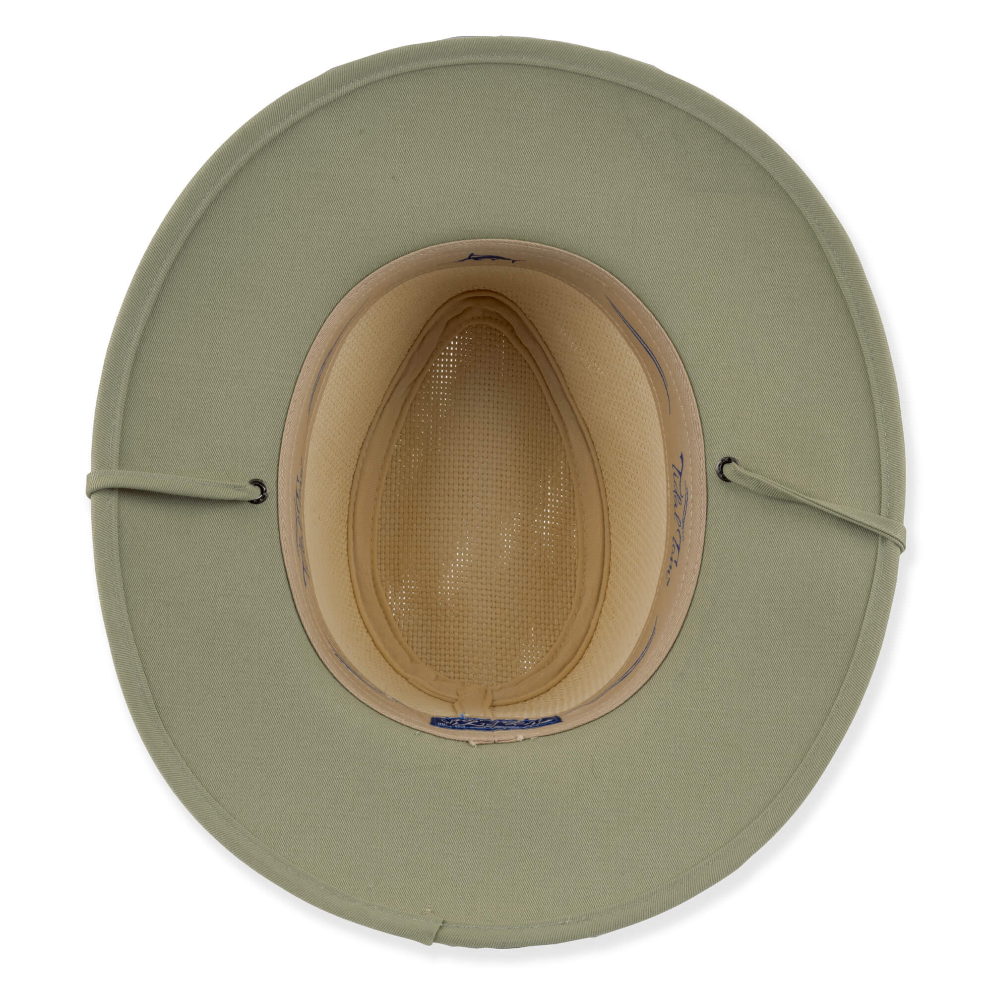 top down  view of a cream performance fedora featuring a pinched crown, tonal fabric band, wide brim, and adjustable chin-strap.