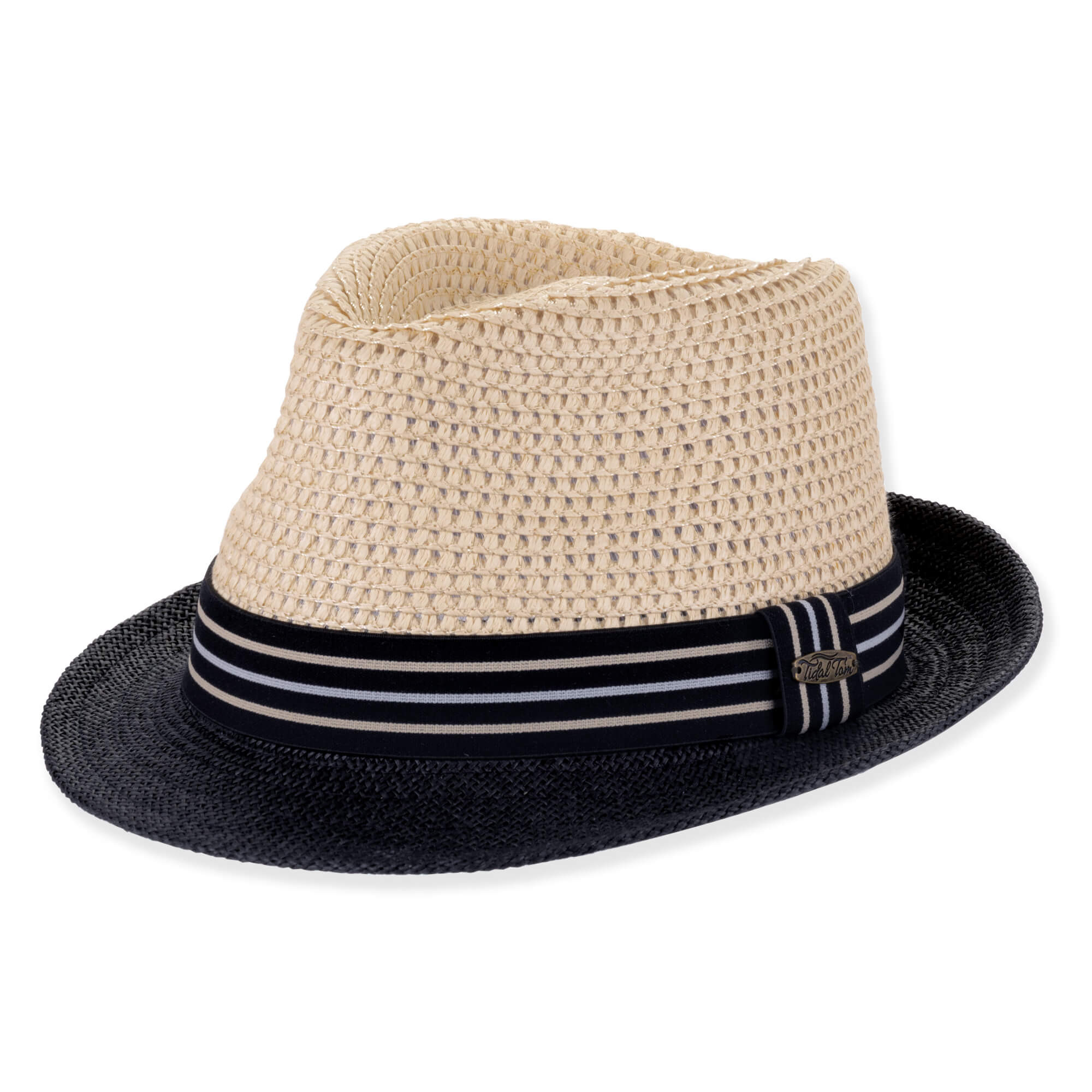 Three-quarter view of a cream straw fedora featuring a pinched crown, open-weave texture, navy brim, and striped fabric band.