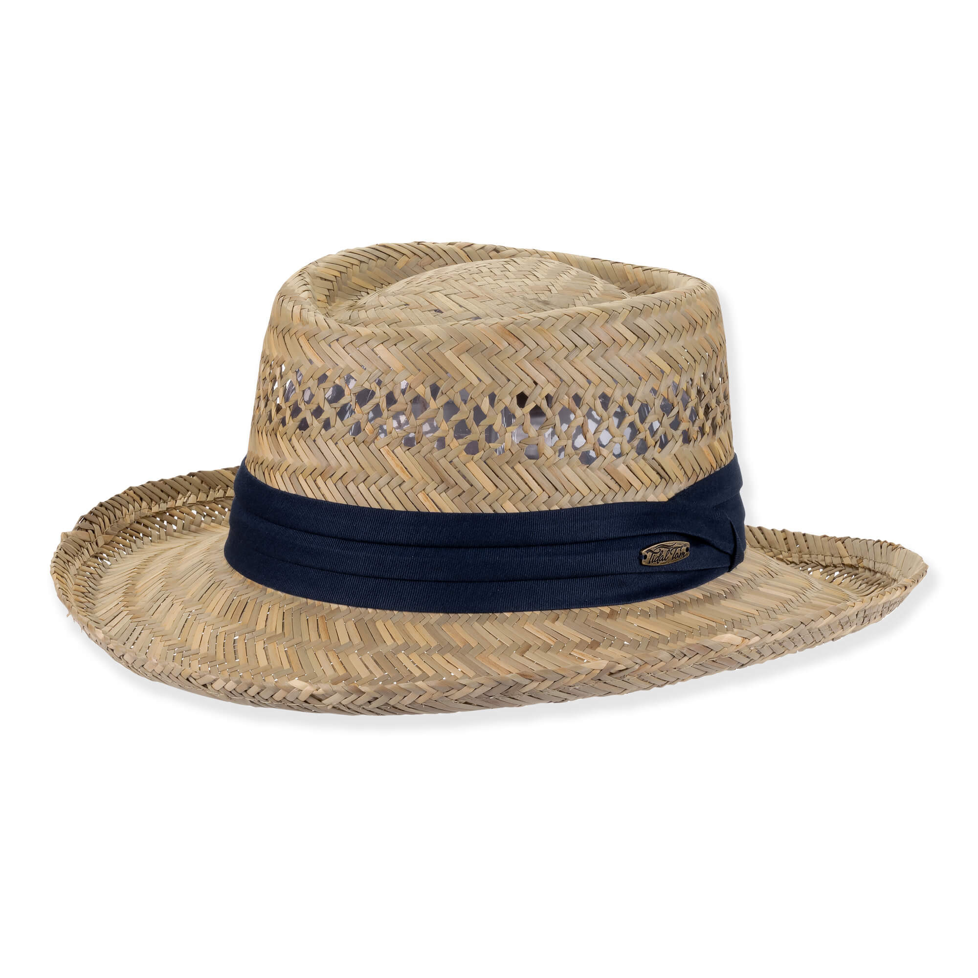 Three-quarter view of a natural straw safari hat featuring a vented crown, wide down-sloping brim, and a navy fabric band.