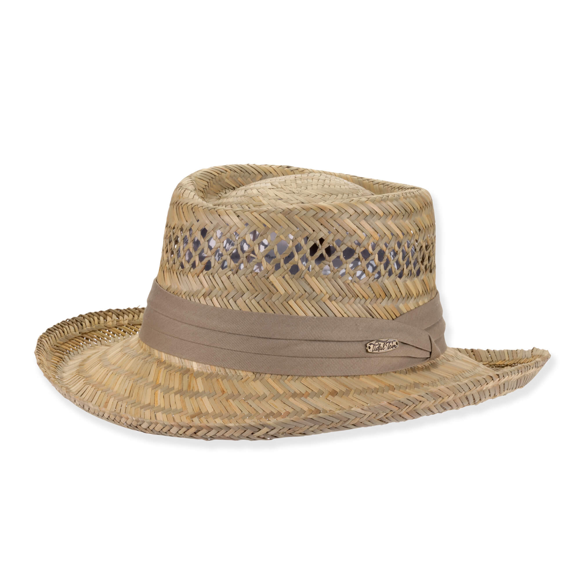 Three-quarter view of a natural straw safari hat featuring a vented crown, wide down-sloping brim, and a taupe fabric band.