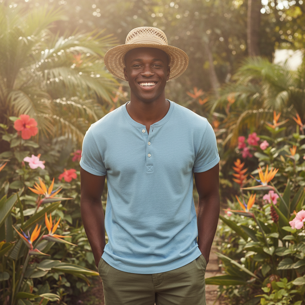Lifestyle front view of the Sun N Sand HTT1294 men's straw outback hat in Natural, featuring a ventilated open-weave crown and a tonal fabric band for maximum breathability and casual style during tropical garden excursions.