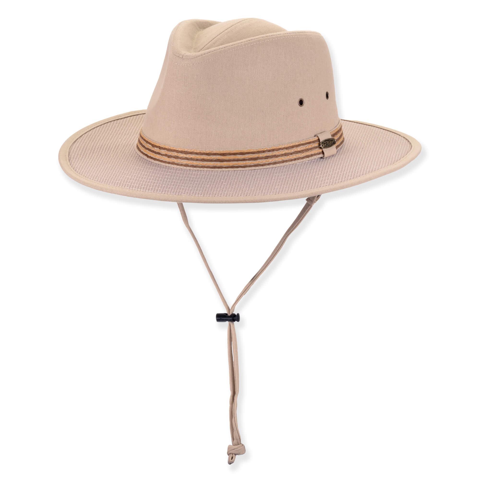Three-quarter view of a tan performance fedora featuring a pinched crown, ventilation eyelets, corded band, and adjustable chin-strap.