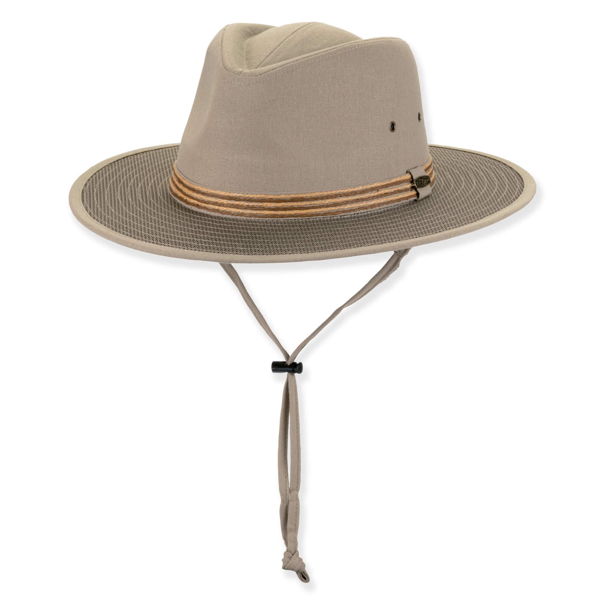 Three-quarter view of a taupe performance fedora featuring a pinched crown, ventilation eyelets, corded band, and adjustable chin-strap.