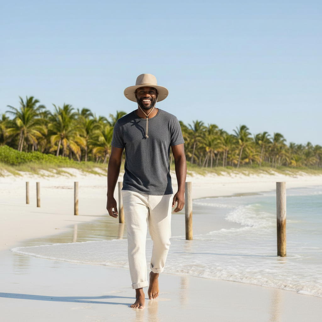 Lifestyle three-quarter view of the Sun N Sand HTT1307 men's straw outback hat in Natural, featuring a dark brown faux-leather band with metallic stud accents and a wide structured brim for rugged coastal style and dependable sun protection while on a sailboat.