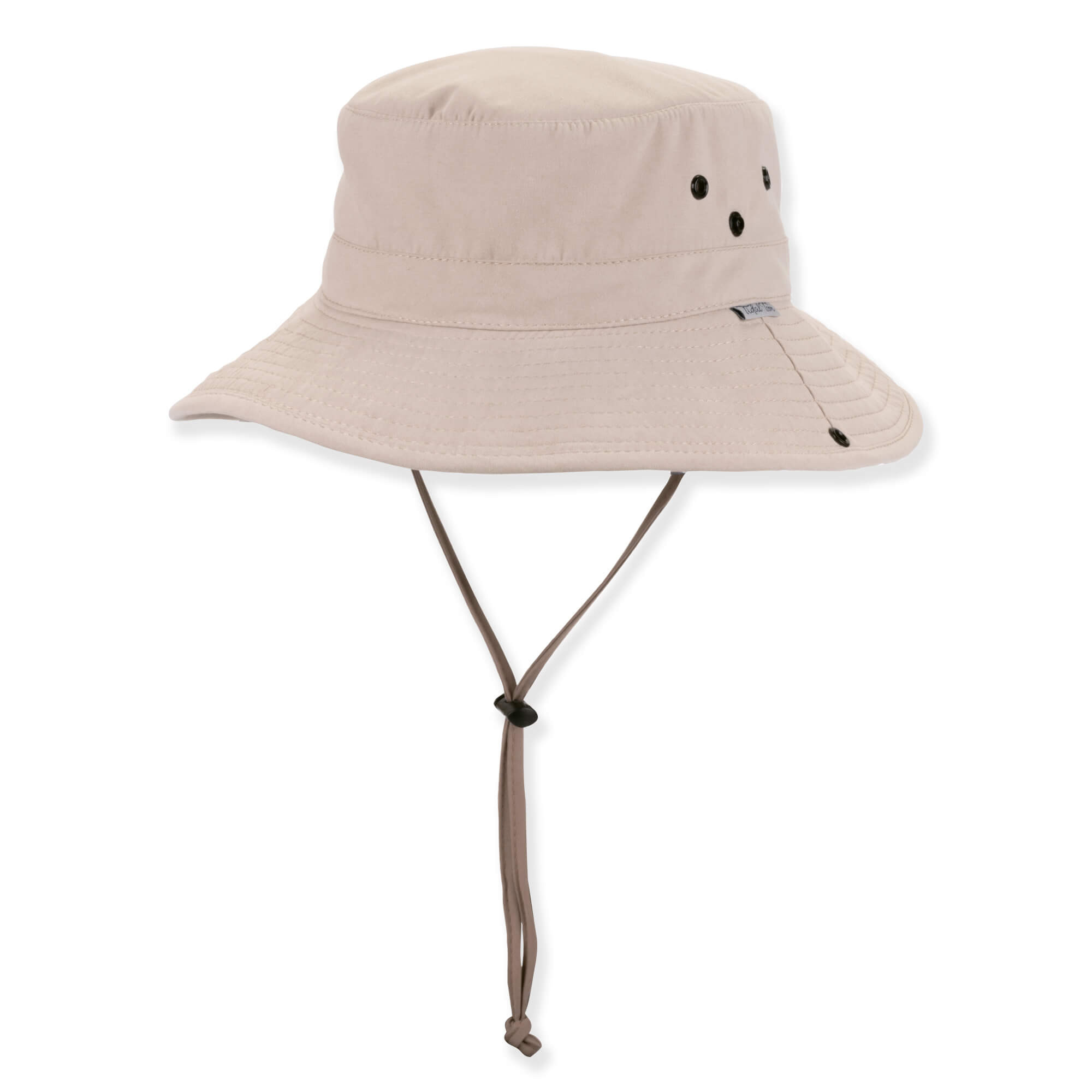 Three-quarter view of a tan performance bucket hat featuring a flat crown, ventilation eyelets, brim snap hardware, and adjustable chin-strap.