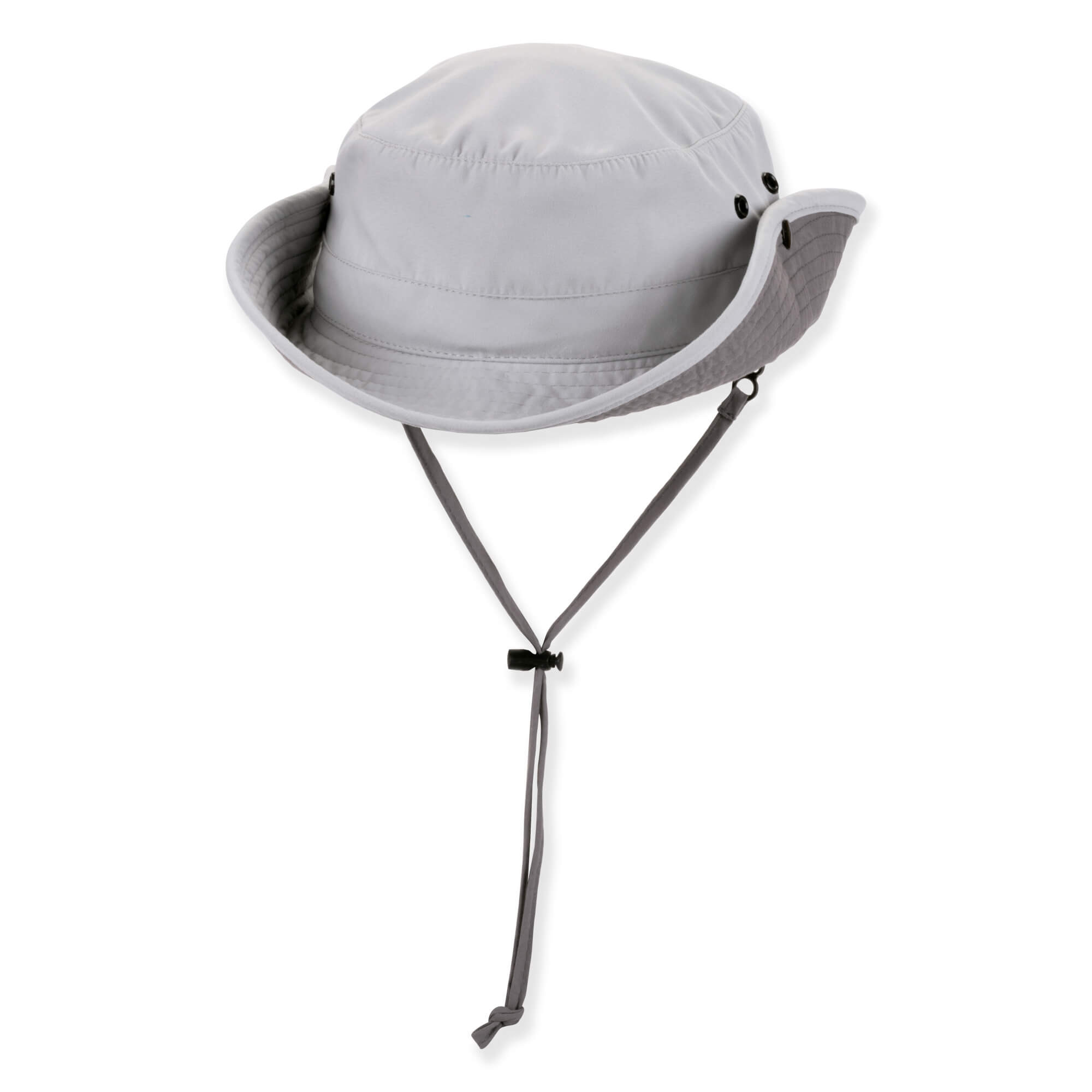 Three-quarter view of a gray performance bucket hat featuring snapped-up side brims, ventilation eyelets, and an adjustable corded chin-strap.