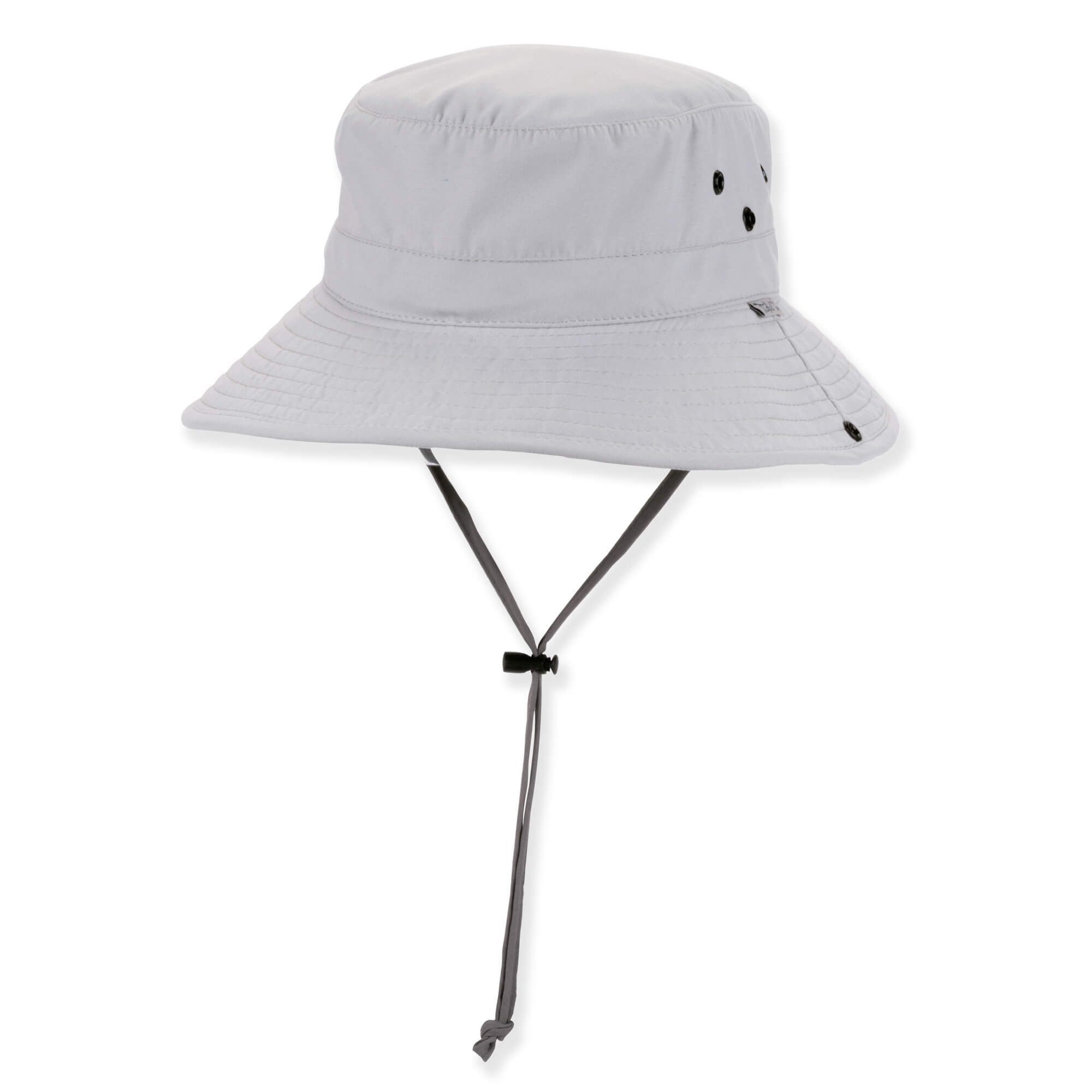 Three-quarter view of a gray performance bucket hat featuring a flat crown, ventilation eyelets, brim snap hardware, and adjustable chin-strap.
