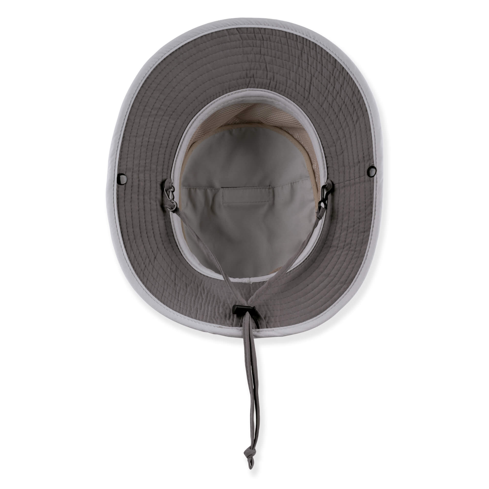 Three-quarter view of a light gray performance sun hat featuring dark gray crown panels, a wide brim, and adjustable chin-strap.