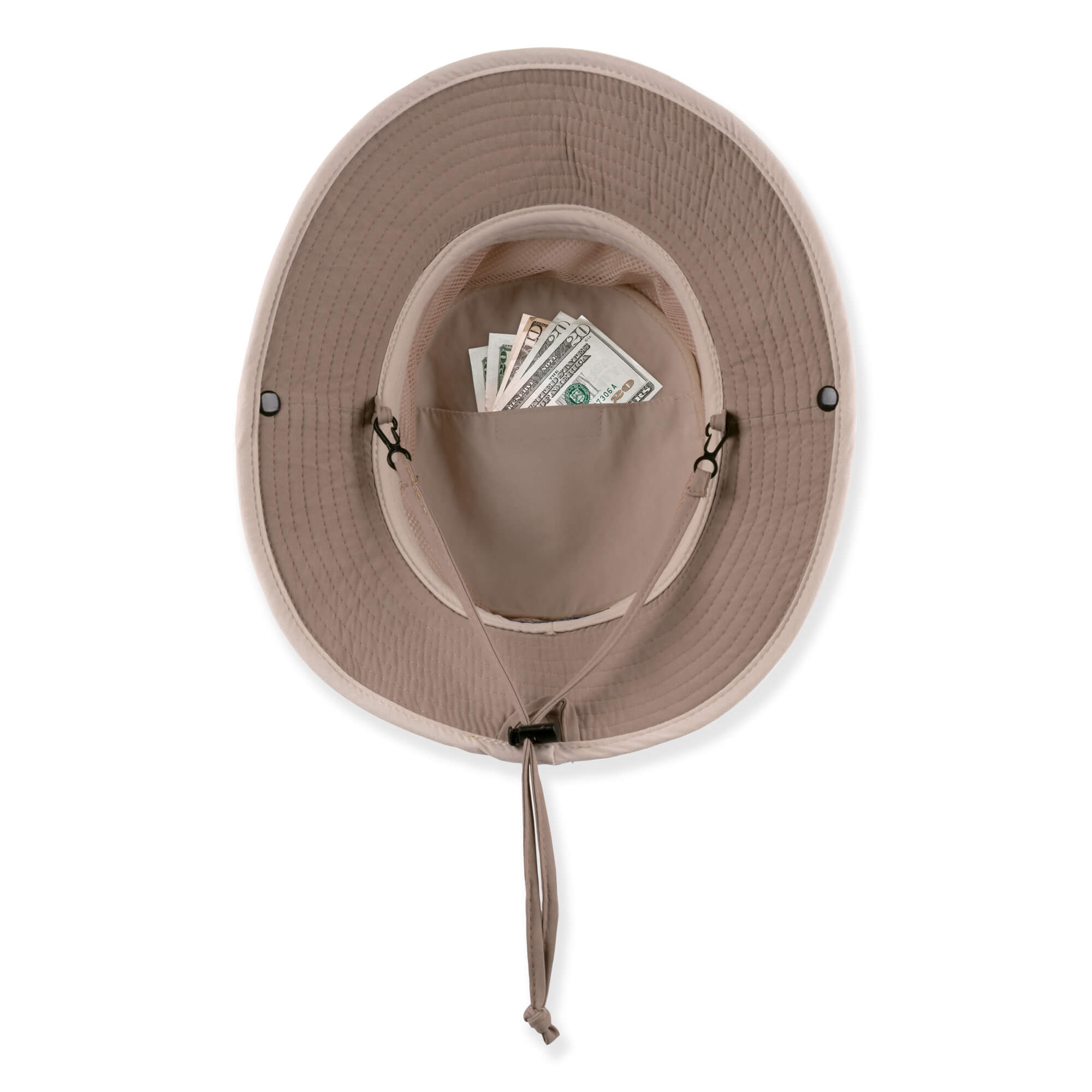 Under-brim view of a tan performance sun hat featuring a tonal interior crown, hidden pocket, and adjustable chin-strap.