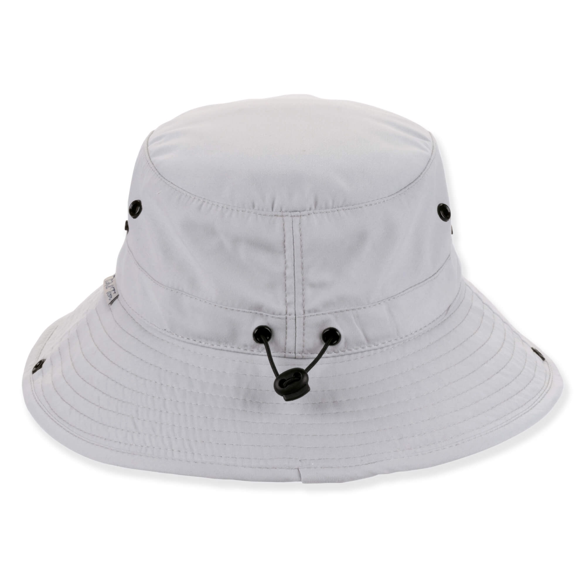 back view of a tan performance bucket hat featuring a flat crown, ventilation eyelets, brim snap hardware, and adjustable chin-strap.