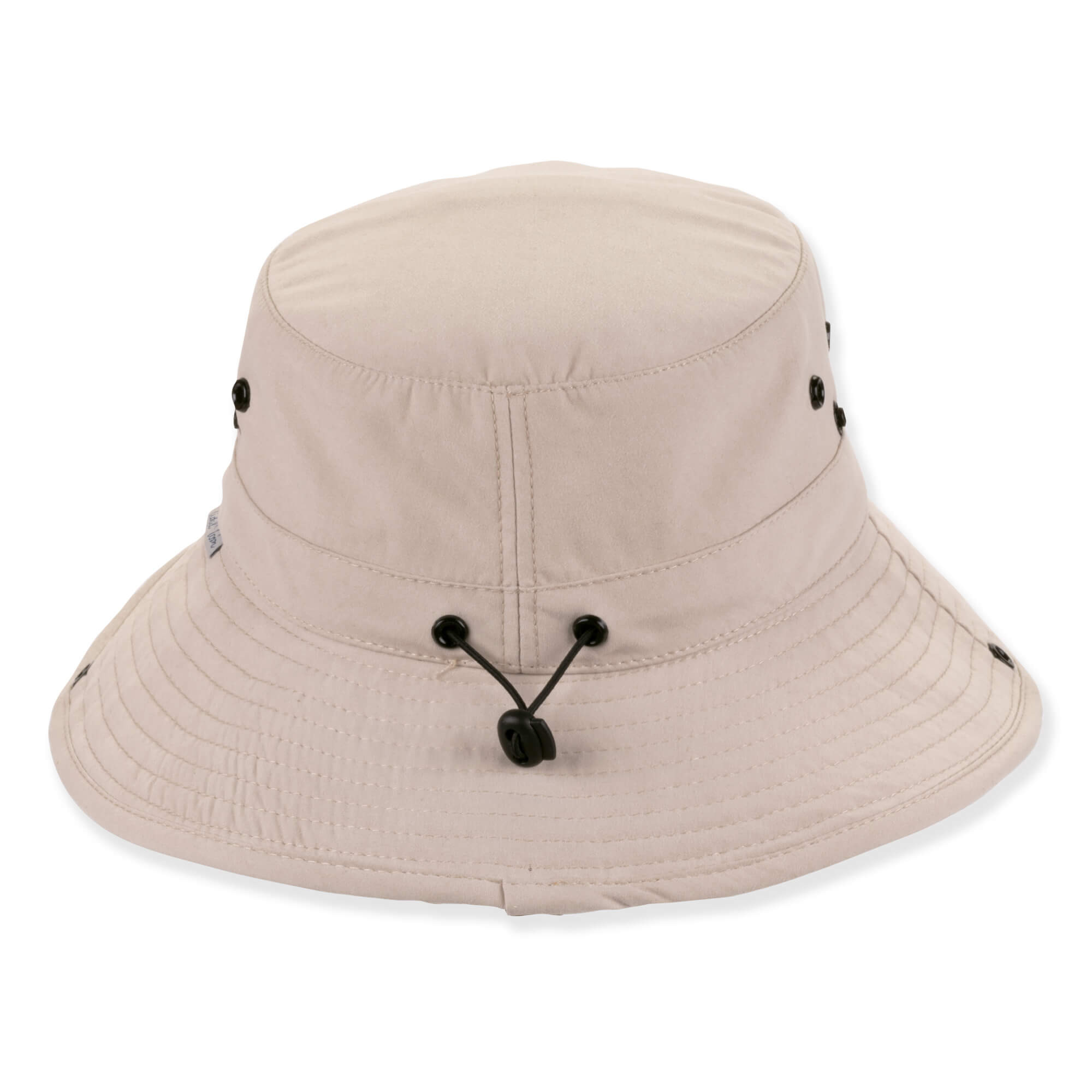 back view of a tan performance bucket hat featuring a flat crown, ventilation eyelets, brim snap hardware, and adjustable chin-strap.