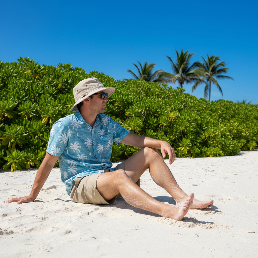 Lifestyle side-angle view of the Sun N Sand HTT1310 men's cotton bucket hat in Stone, featuring a short downward-sloping brim and decorative side-tab hardware for understated coastal style and lightweight sun protection while relaxing on the beach.
