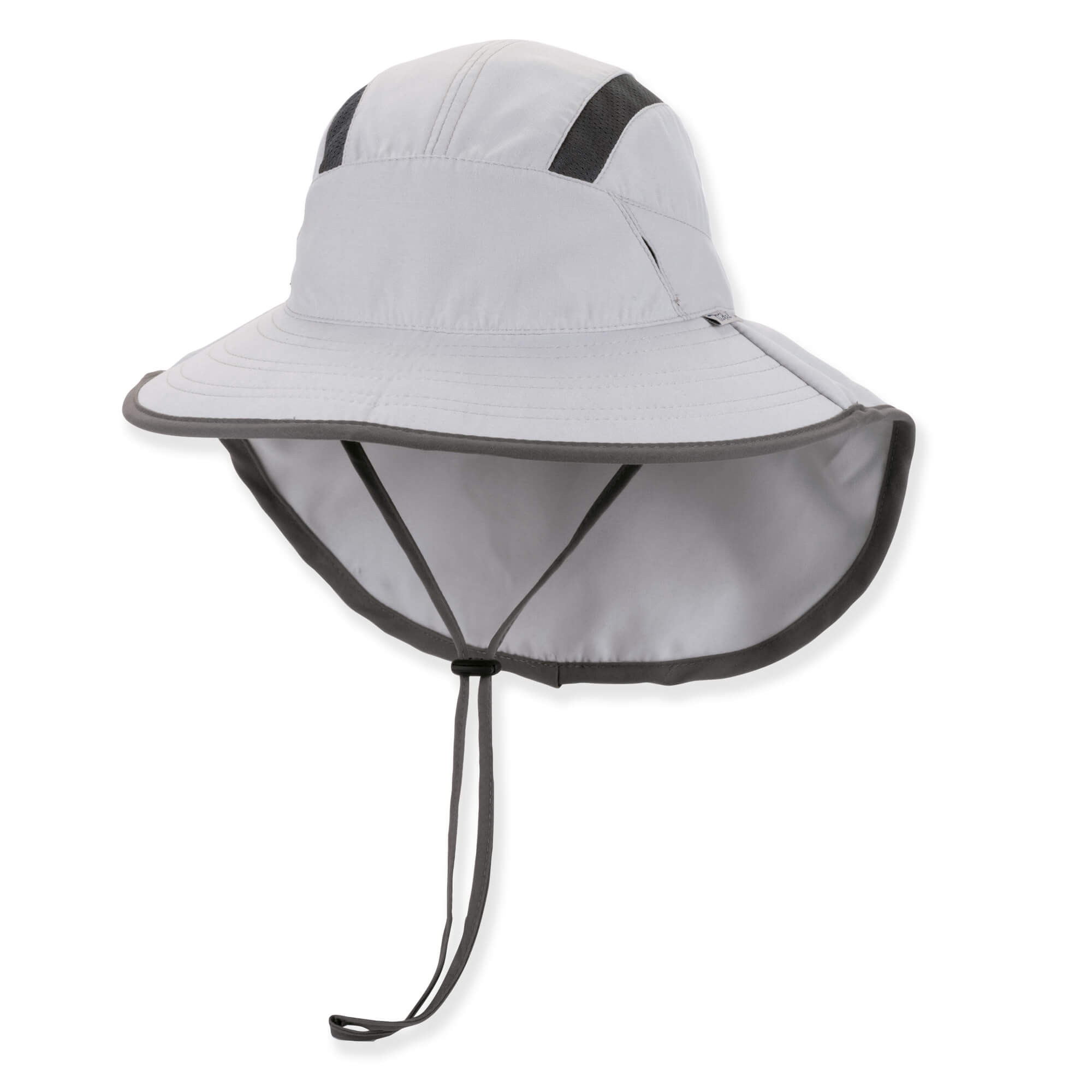 Under-brim view of a Grey performance sun hat featuring a cream interior, secret pocket hardware, and adjustable tan chin-strap.