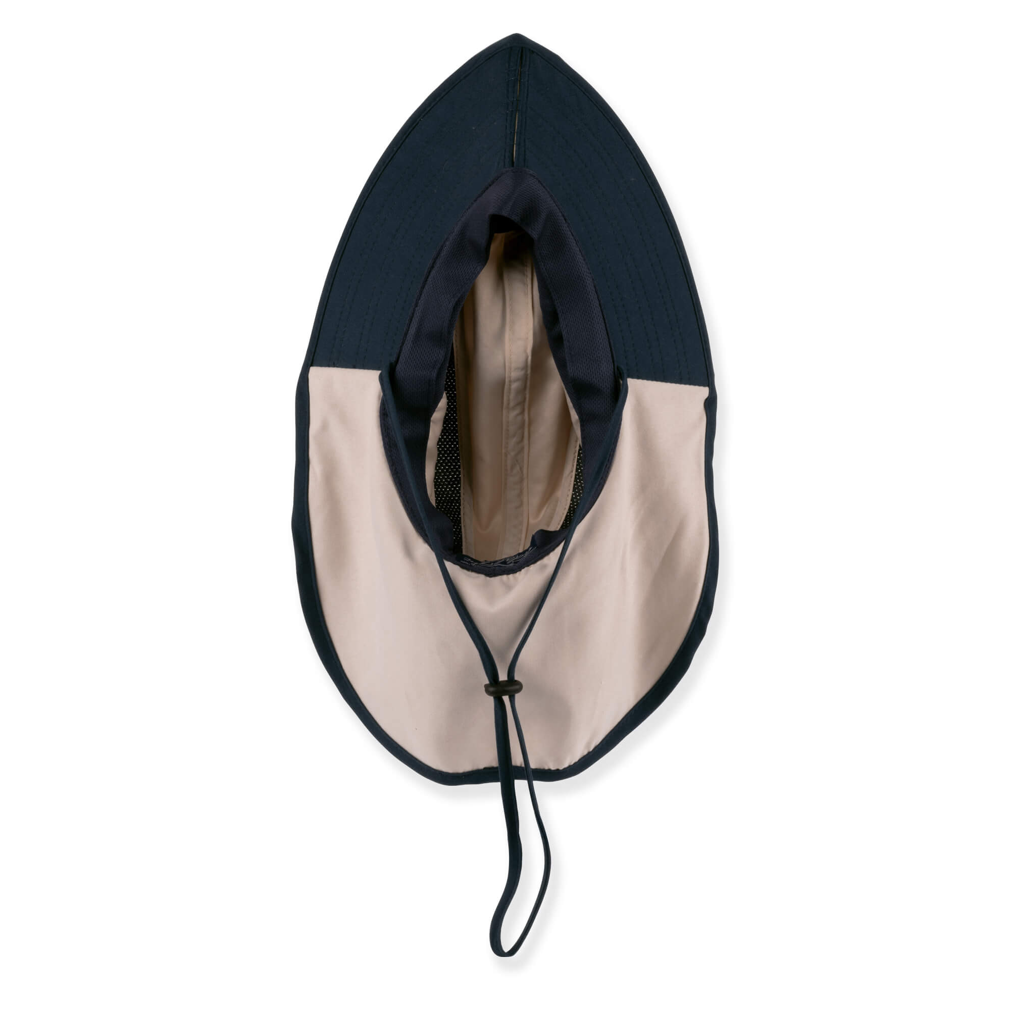 Under-brim view of a tan performance sun hat featuring a cream interior, secret pocket hardware, and adjustable tan chin-strap.