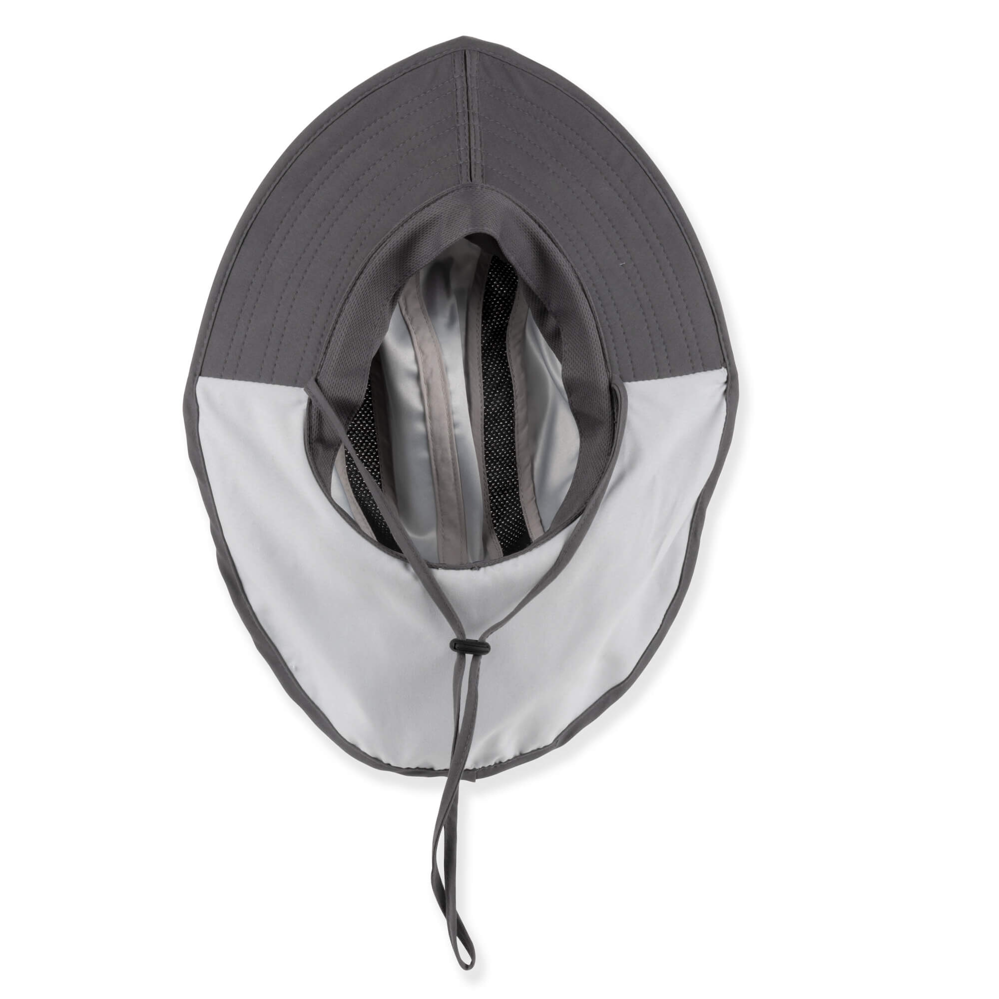 Under-brim view of  a Grey performance sun hat featuring a cream interior, secret pocket hardware, and adjustable tan chin-strap.