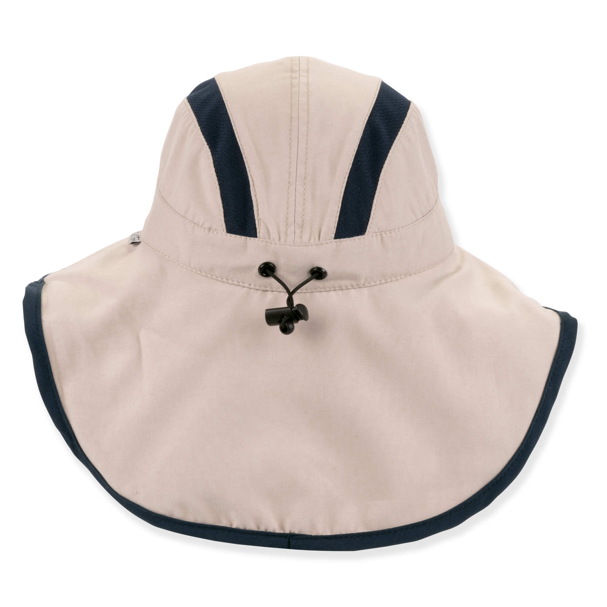 Back view of a tan performance sun hat featuring navy ventilation panels, a large neck flap, and adjustable toggle hardware.