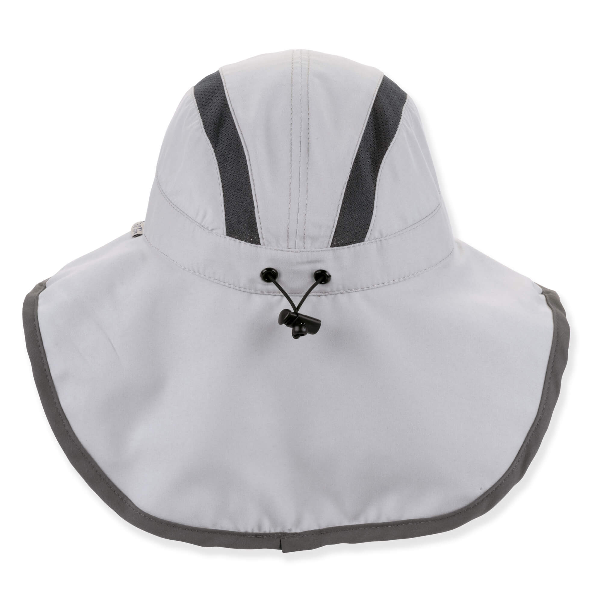 Back view of  a Grey performance sun hat featuring a cream interior, secret pocket hardware, and adjustable tan chin-strap.