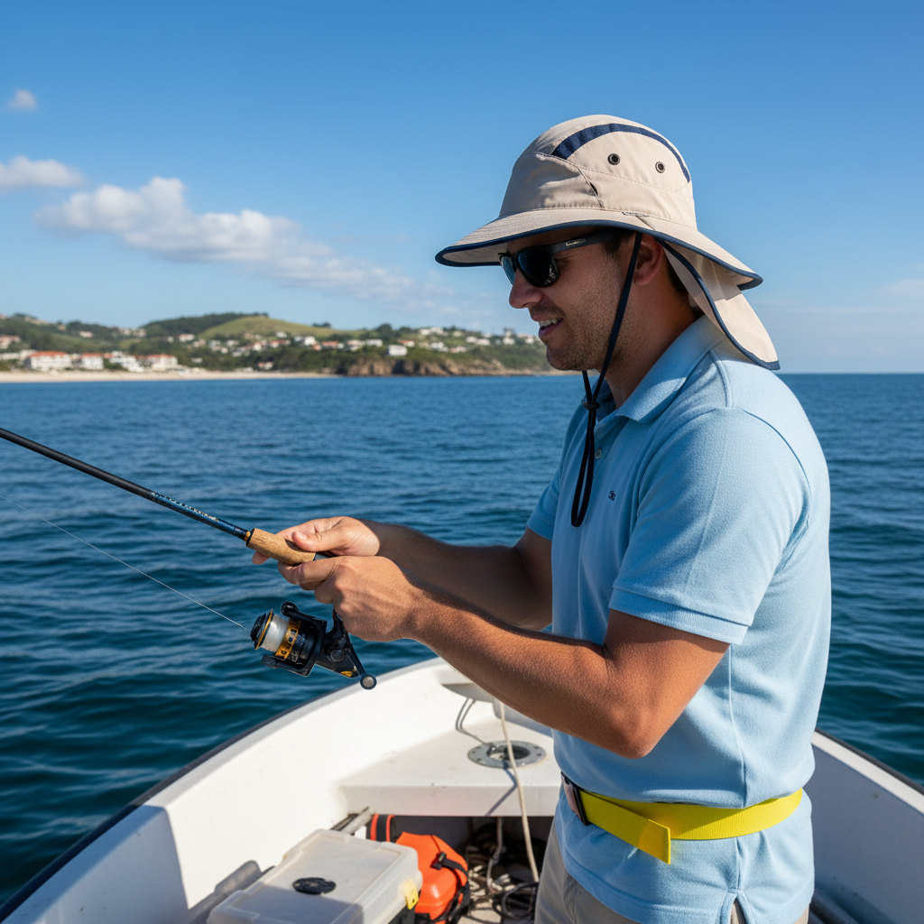 Lifestyle side-profile view of the Sun N Sand HTT1311 men's fishing hat in Stone and Navy, featuring a protective neck flap and an adjustable toggle chin strap for comprehensive sun coverage and a secure fit while fishing on open water.