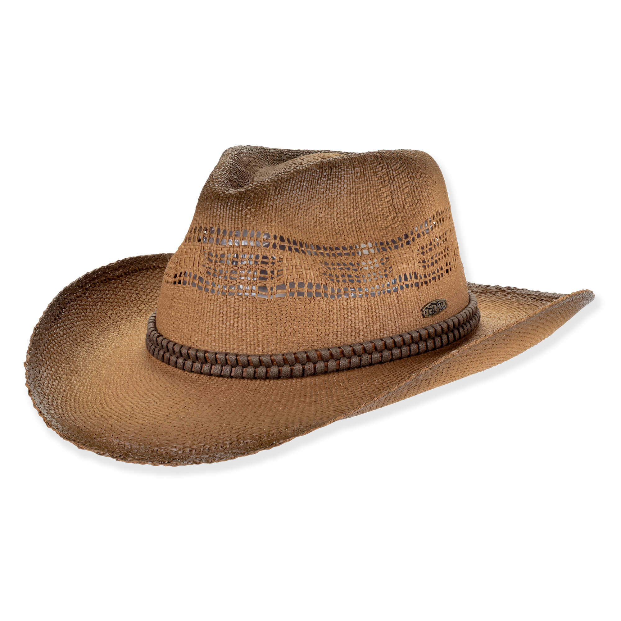 Three-quarter view of a brown straw-textured western hat featuring a pinched crown, curved brim, braided cord band, and metallic hardware.