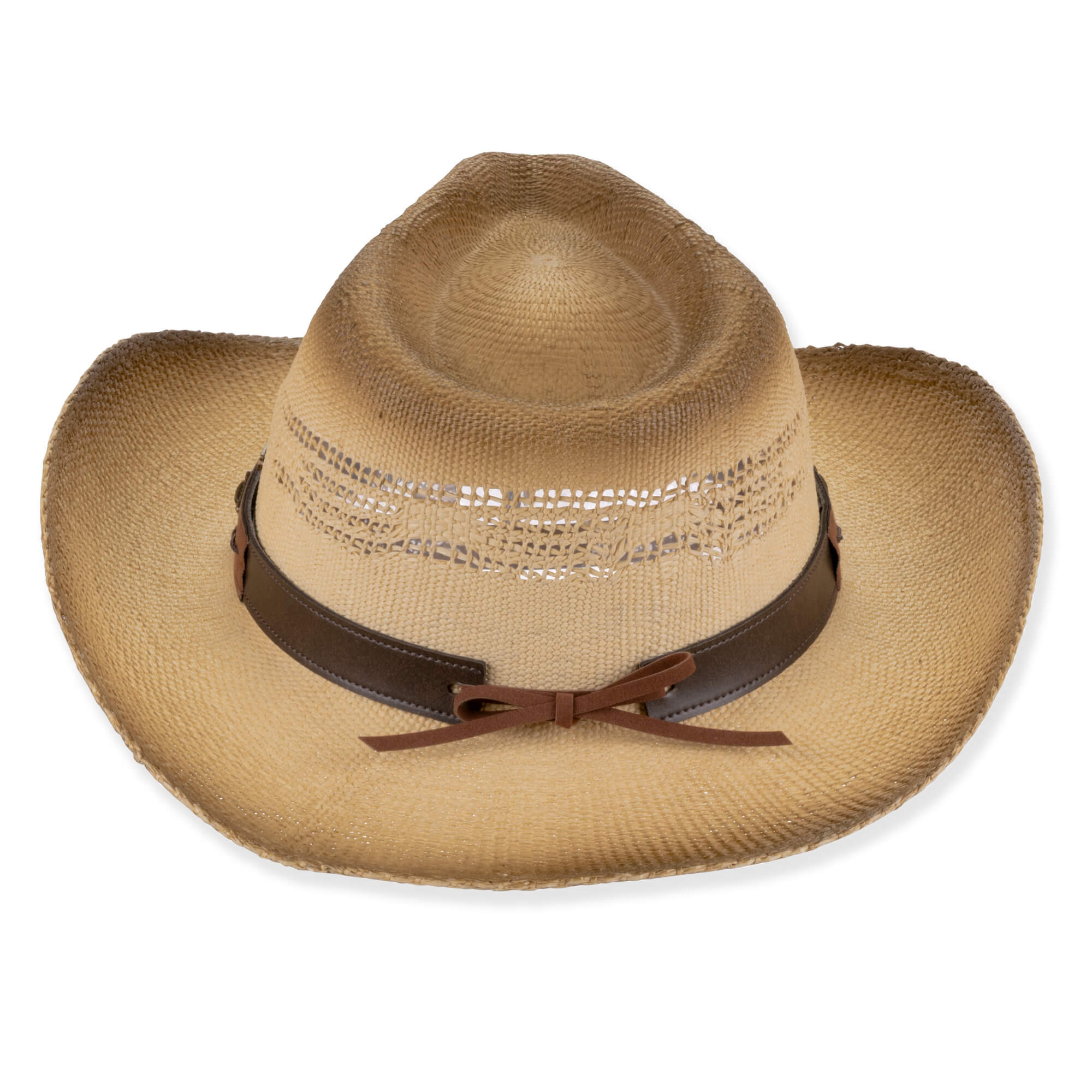 back view of a black marl-textured western hat featuring a pinched crown, curved brim, braided leather band, and bronze hardware.