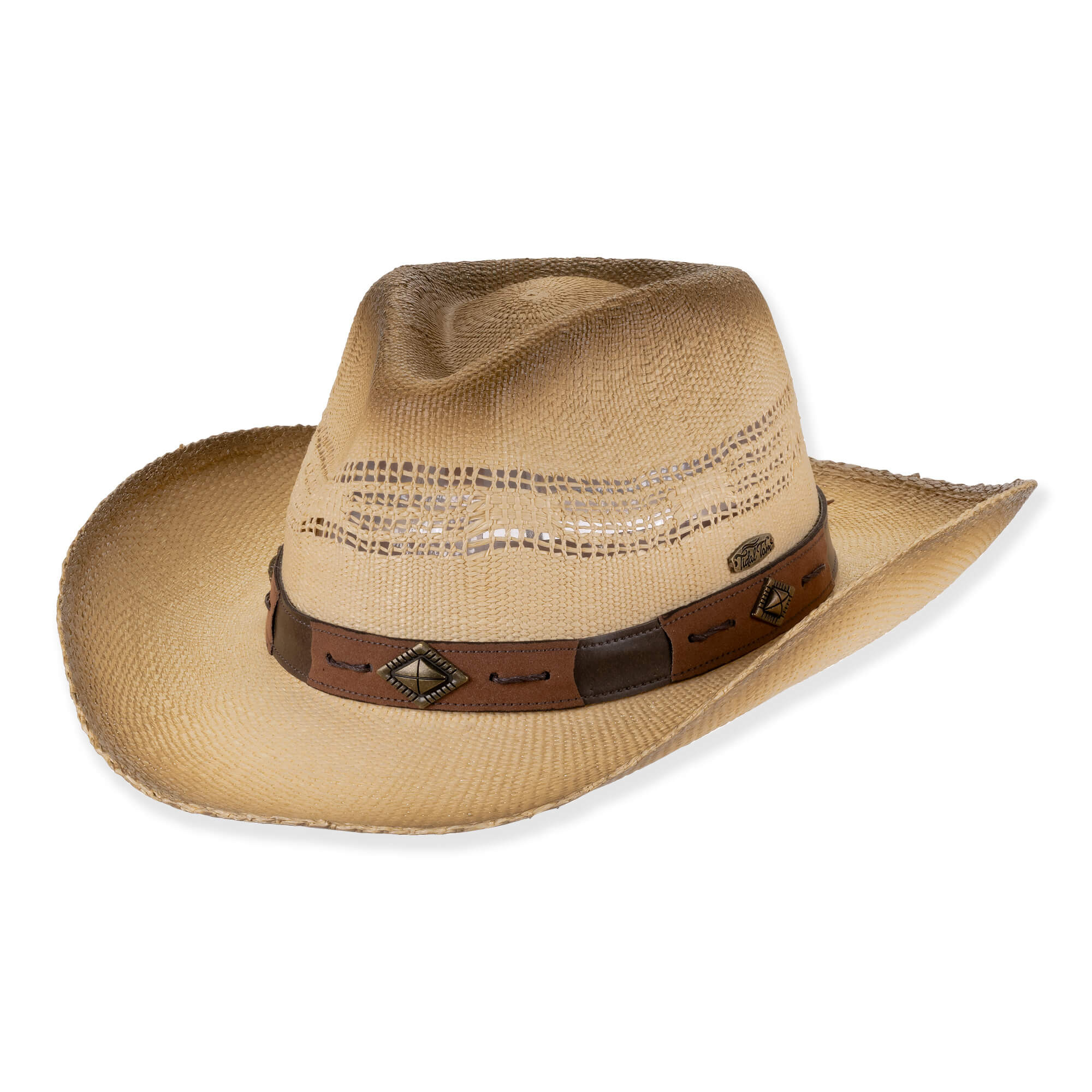 Three-quarter view of a black marl-textured western hat featuring a pinched crown, curved brim, braided leather band, and bronze hardware.