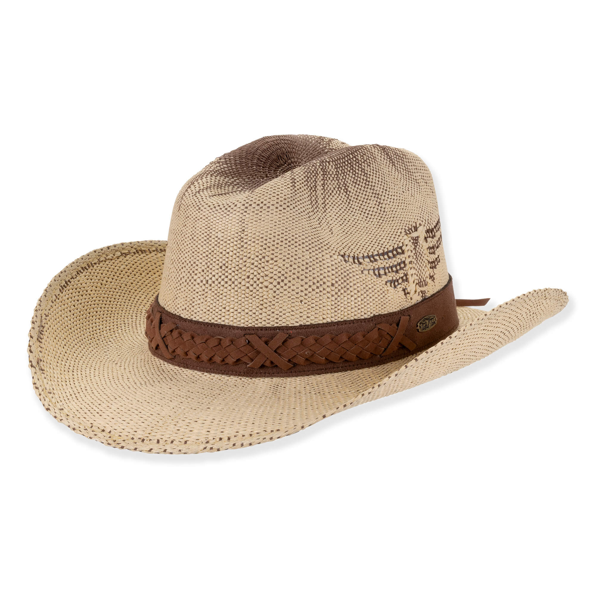 Three-quarter view of a natural straw-textured western hat featuring a pinched crown, upturned brim, braided leather band, and bronze hardware.