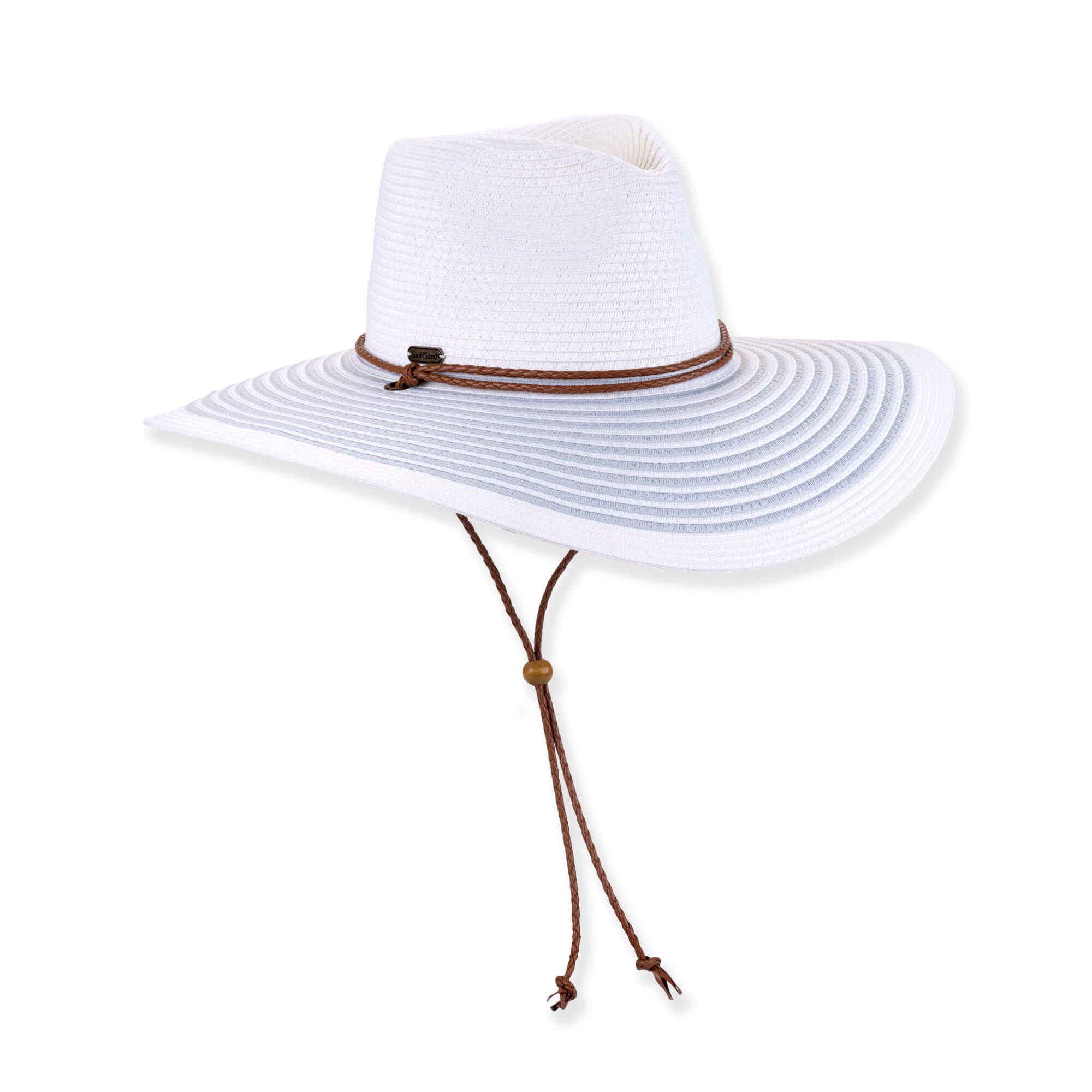 Three-quarter studio view of Sun N Sand HH3511 white safari hat featuring a braided chin strap and grey striped brim.