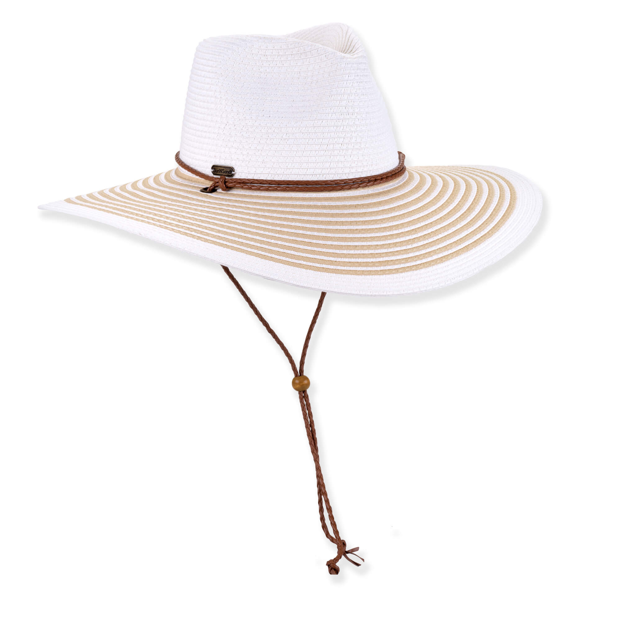 Three-quarter studio view of Sun N Sand HH3511 tan safari hat featuring a multi-tonal braided band and metallic logo hardware