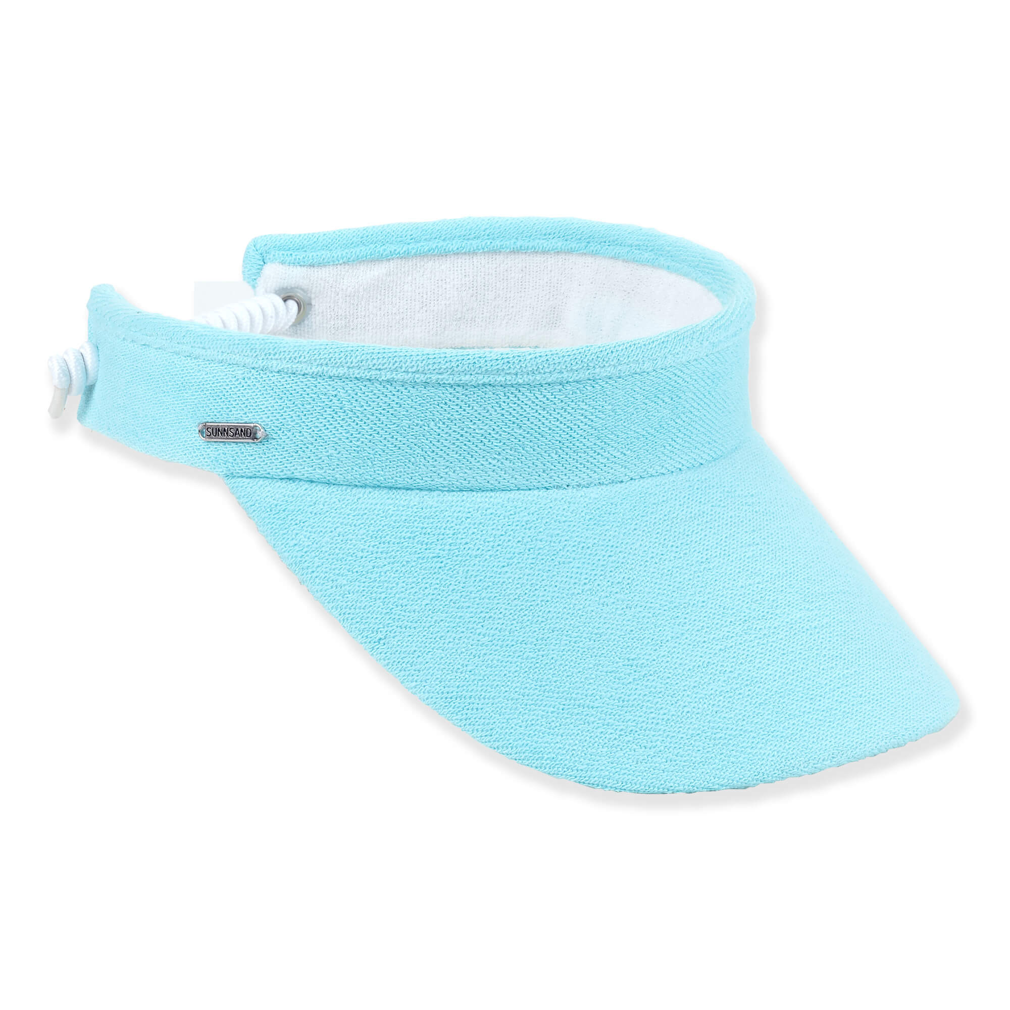 Three-quarter studio view of Sun N Sand HH3543 turquoise terry visor featuring a white adjustable coil sizer and metallic logo.