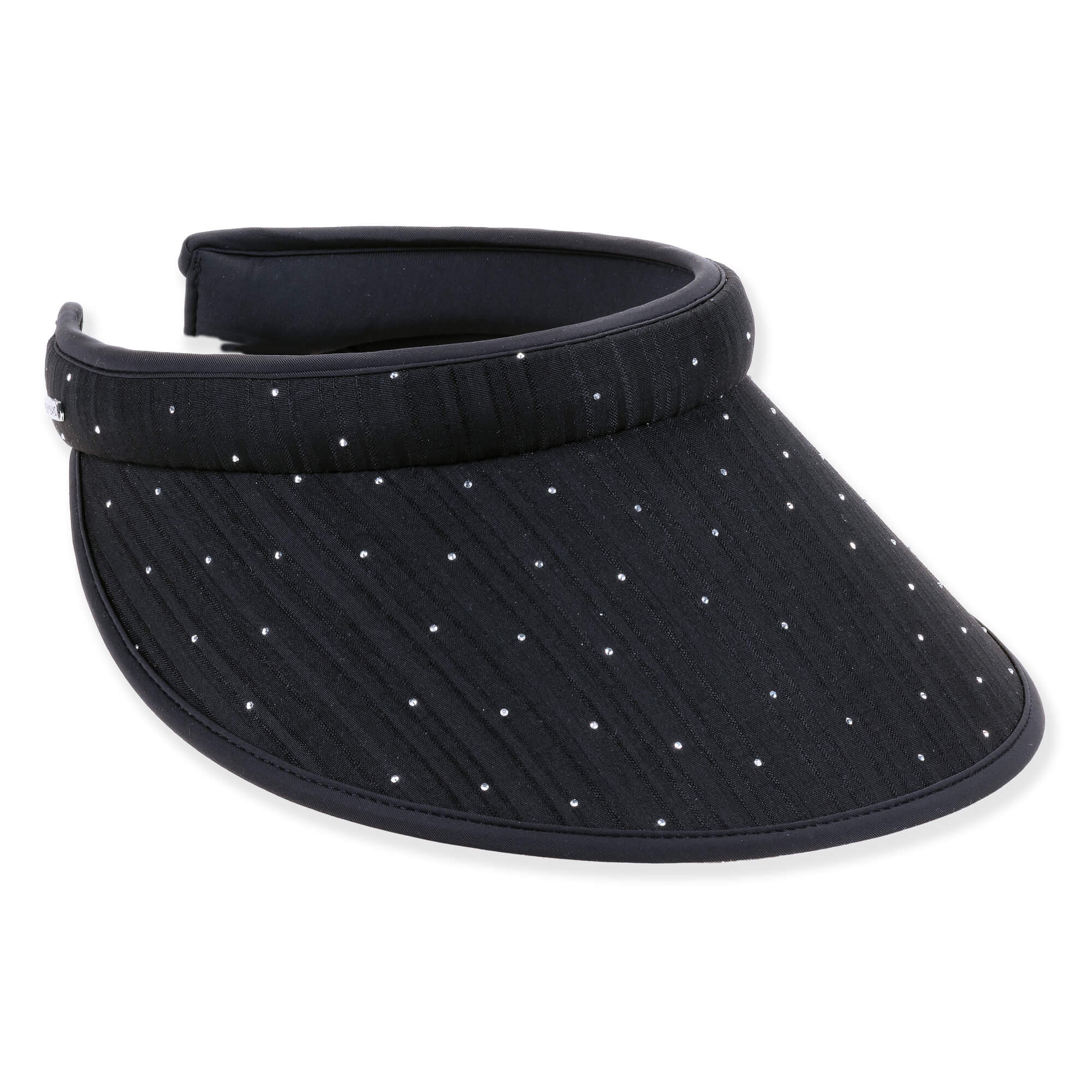 Three-quarter view of a black performance visor featuring a perforated breathable brim, textured fabric headband, and metallic brand hardware.