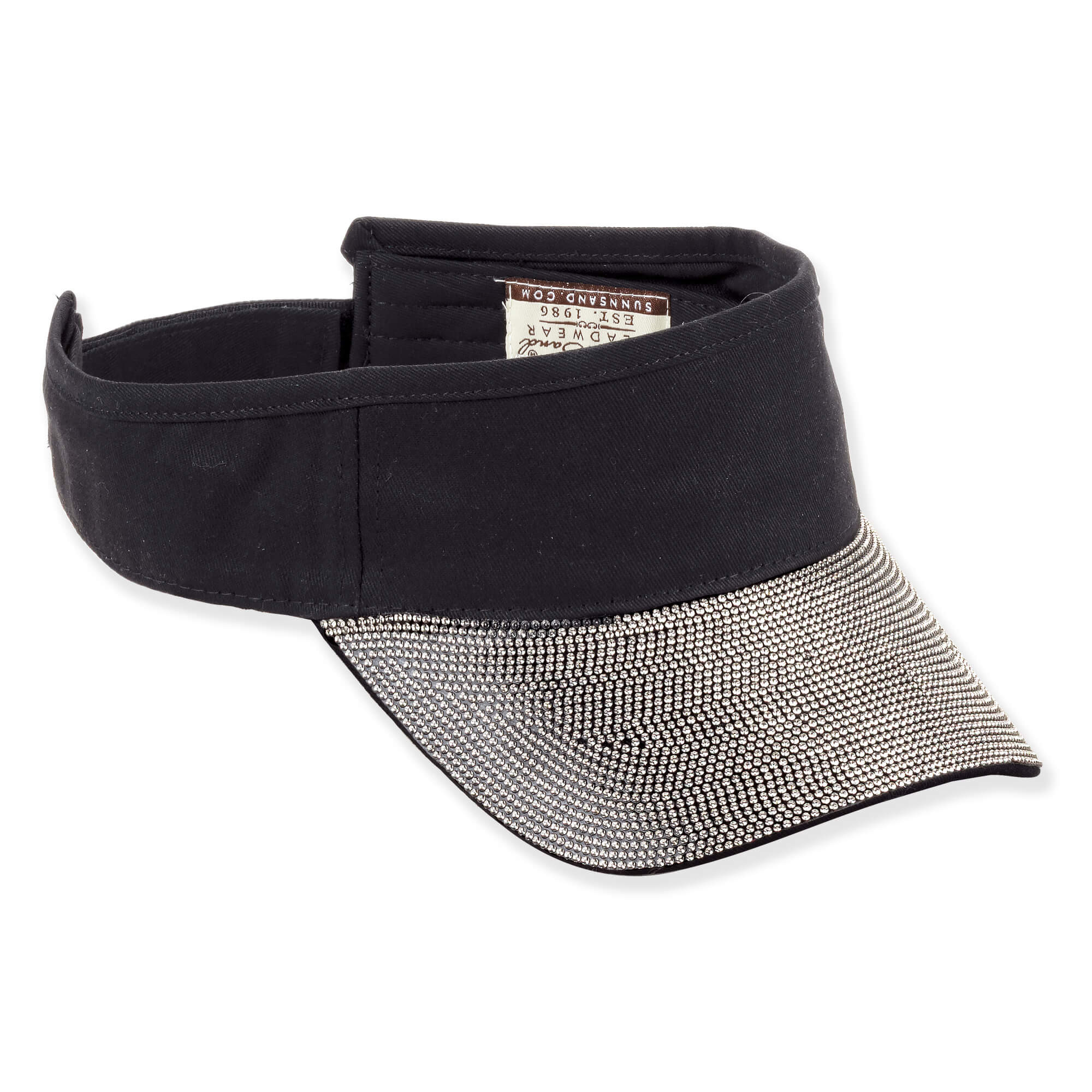 Three-quarter view of a black fabric visor featuring a rhinestone brim, and adjustable rear closure.