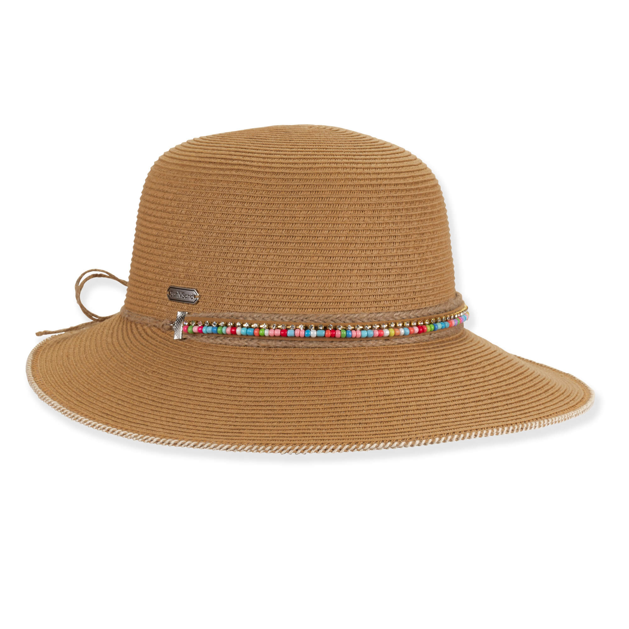 Three-quarter studio view of Sun N Sand HH3560 brown tapered bucket hat featuring a colorful beaded band and white corded edge.