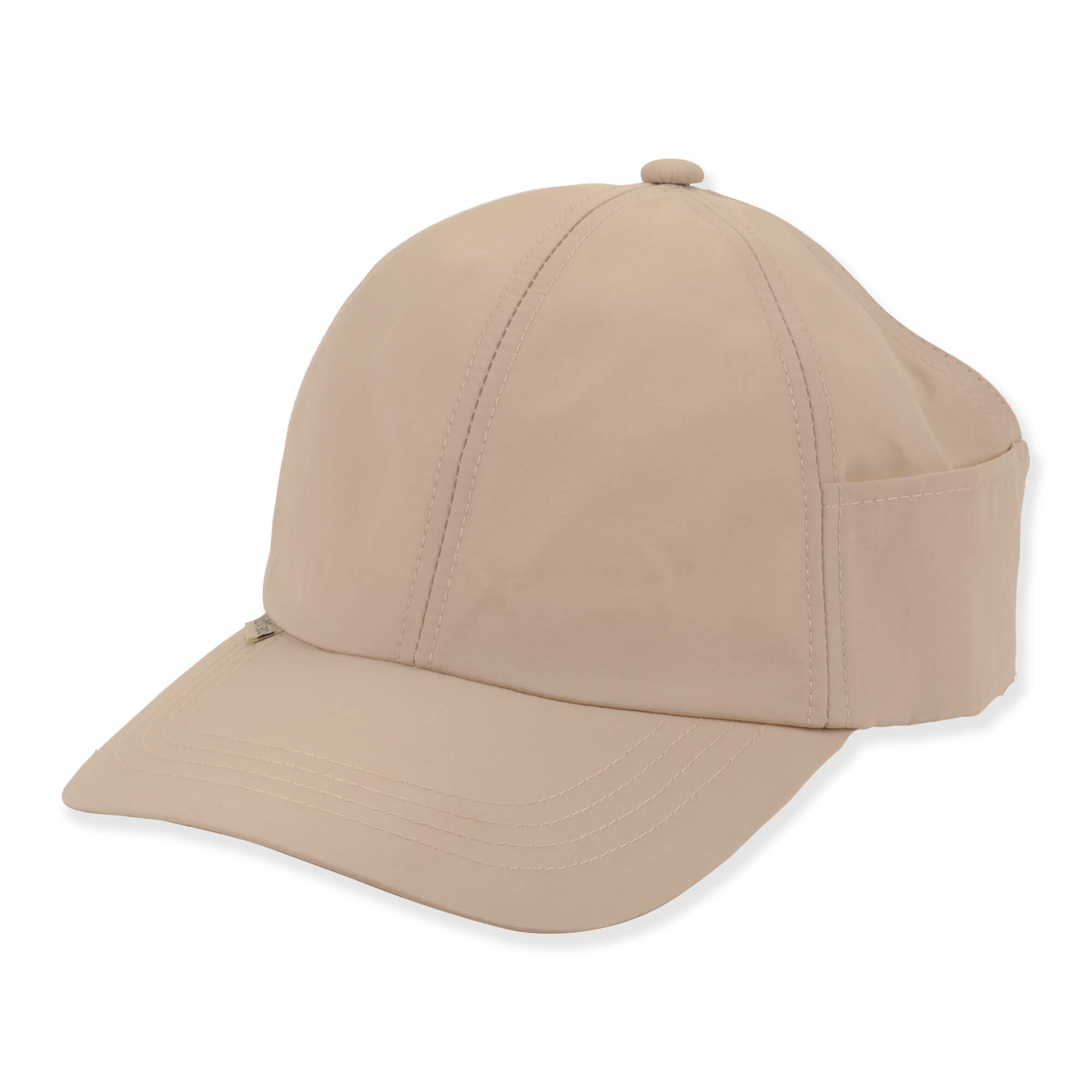 Three-quarter view of a tan performance baseball cap featuring smooth matte fabric, structured panels, curved bill, and silver metallic logo-plate.