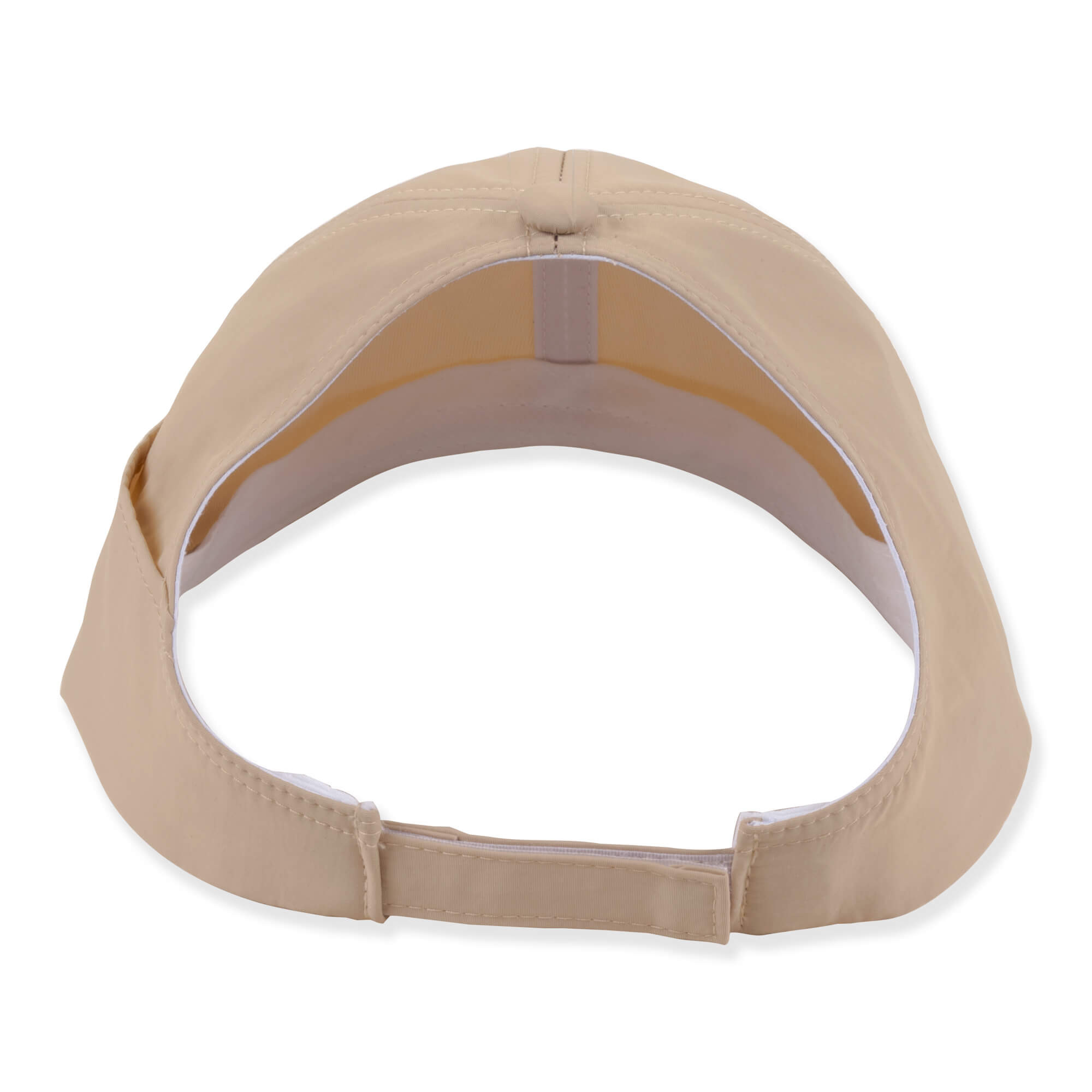 back  view of a tan performance baseball cap featuring smooth matte fabric, structured panels, curved bill, and silver metallic logo-plate.