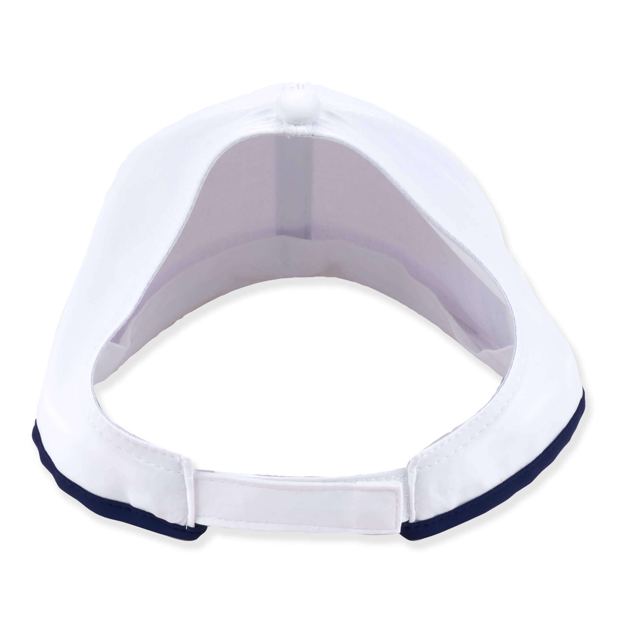 Back view of a view of a whiteperformance cap featuring smooth matte fabric, navy contrast piping, curved bill, and tan logo-plate.