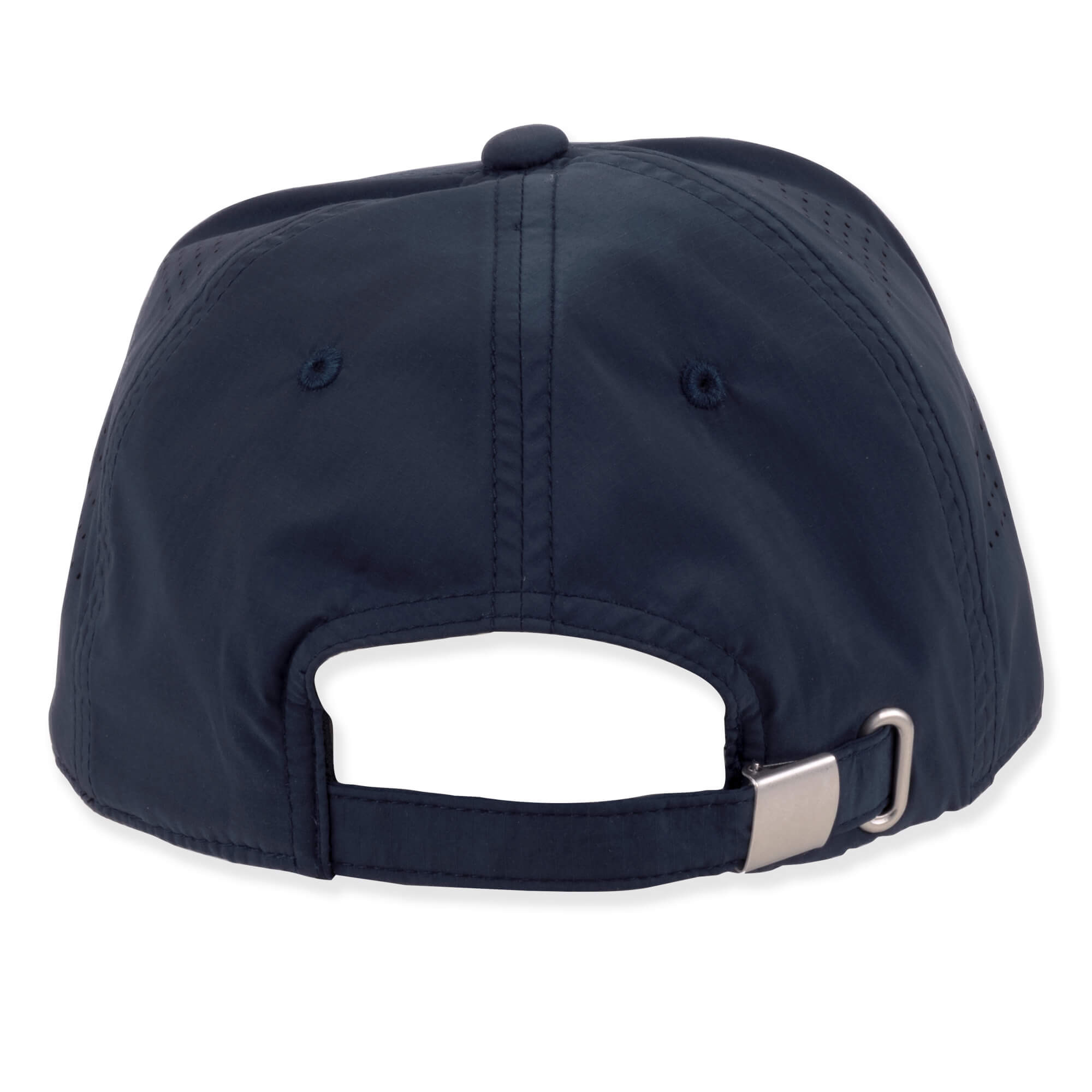Three-quarter profile view of a navy performance ball cap featuring a structured crown, perforated side panels, and white rubberized logo.