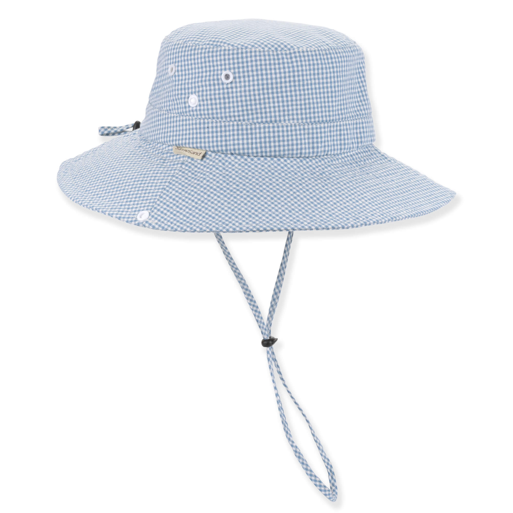 Blue white gingham boonie hat with wide brim, ventilation eyelets, adjustable chin strap toggle, small side tag, shown in clear front angled view.