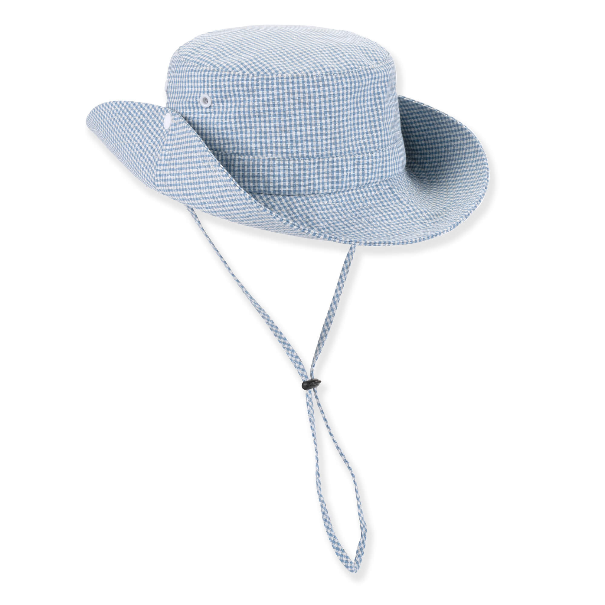 Blue white gingham boonie hat with wide brim, ventilation eyelets, adjustable chin strap toggle, small side tag, shown in clear front angled view.