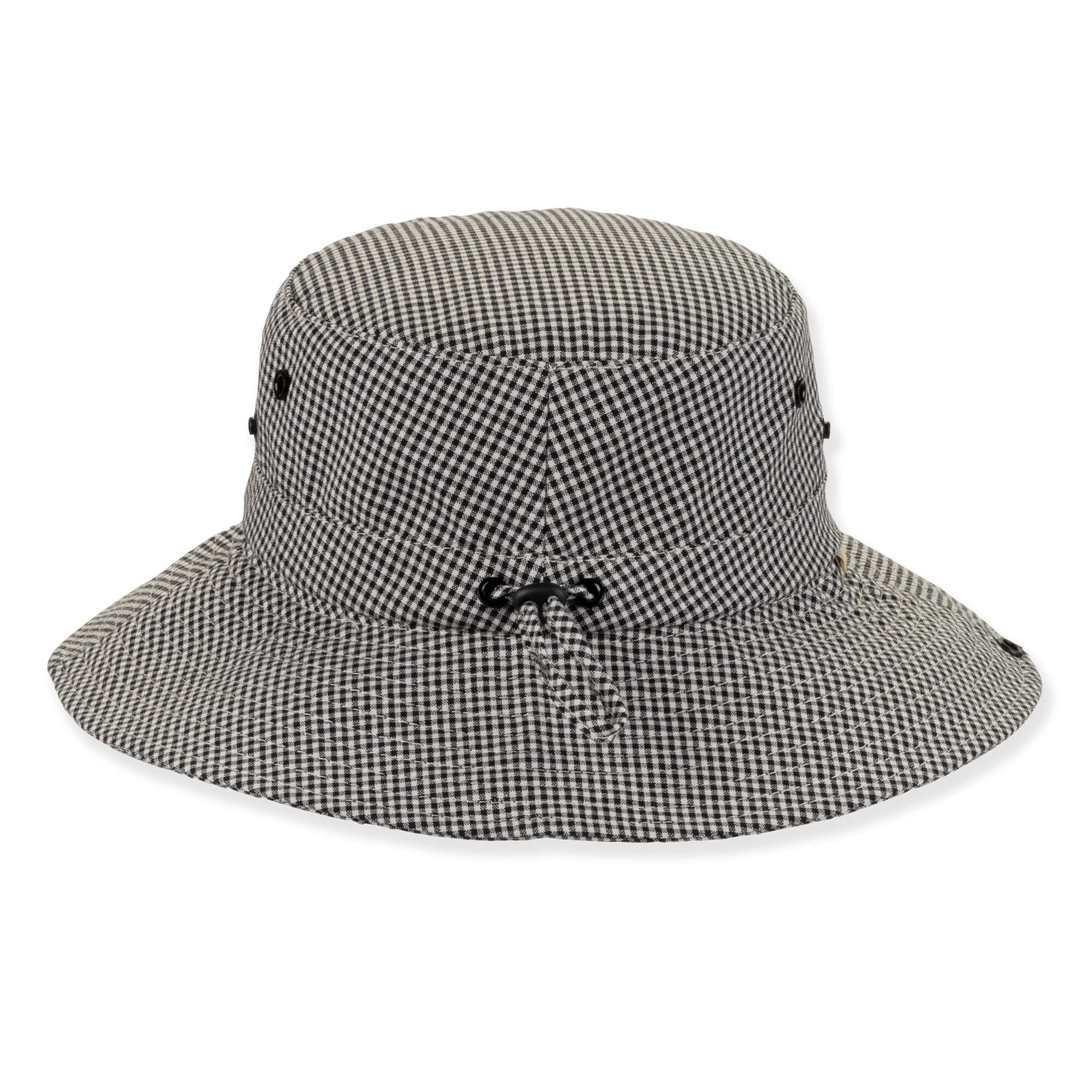 Black white checkered boonie hat with wide brim, ventilation eyelets, adjustable chin strap toggle, small front tag, shown in clear front angled view.