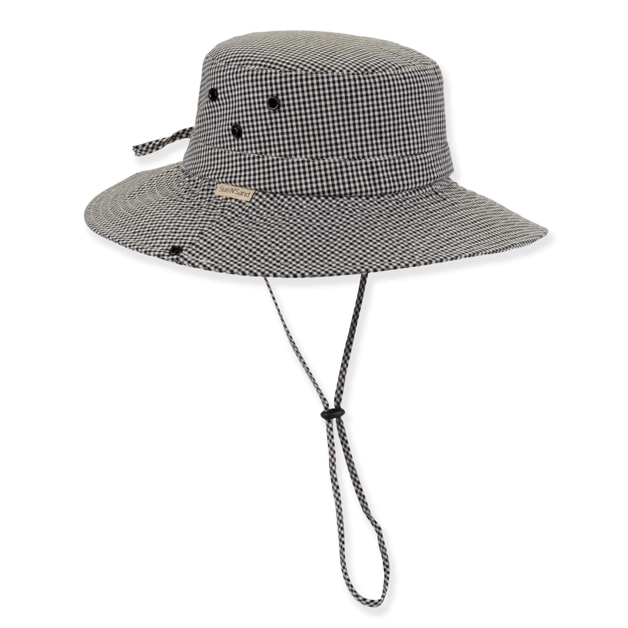 Black white checkered boonie hat with wide brim, ventilation eyelets, adjustable chin strap toggle, small front tag, shown in clear front angled view.