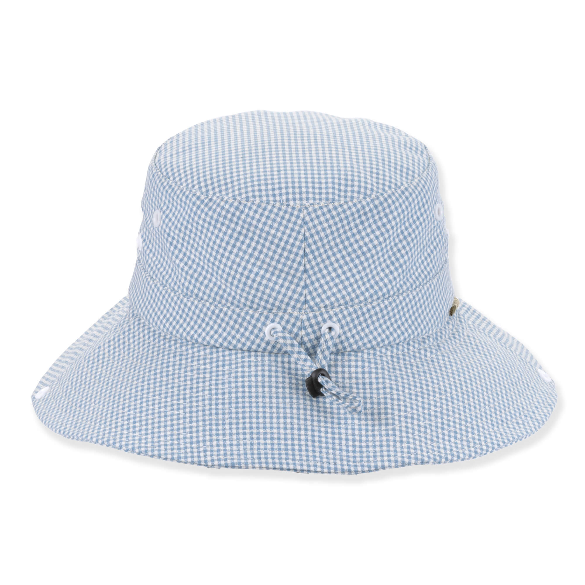Blue white gingham boonie hat with wide brim, ventilation eyelets, adjustable chin strap toggle, small side tag, shown in clear front angled view.