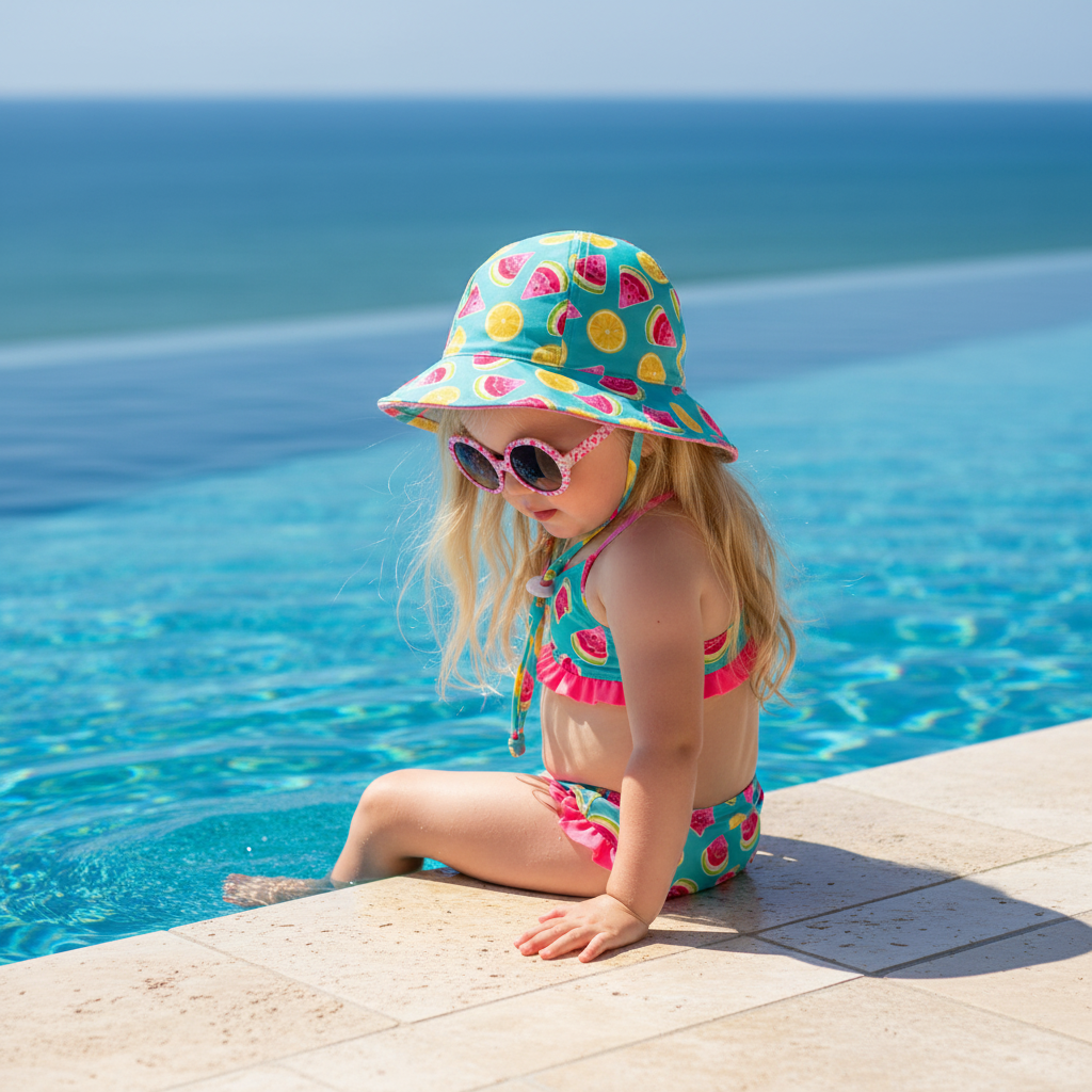Lifestyle profile portrait of the Sun N Sand HK552 IG Kids’ Sun Hat in a vibrant teal fruit-print pattern, featuring a classic rounded crown and a soft wide brim with an adjustable braided chin cord for sun-safe outdoor play and shaded poolside comfort.