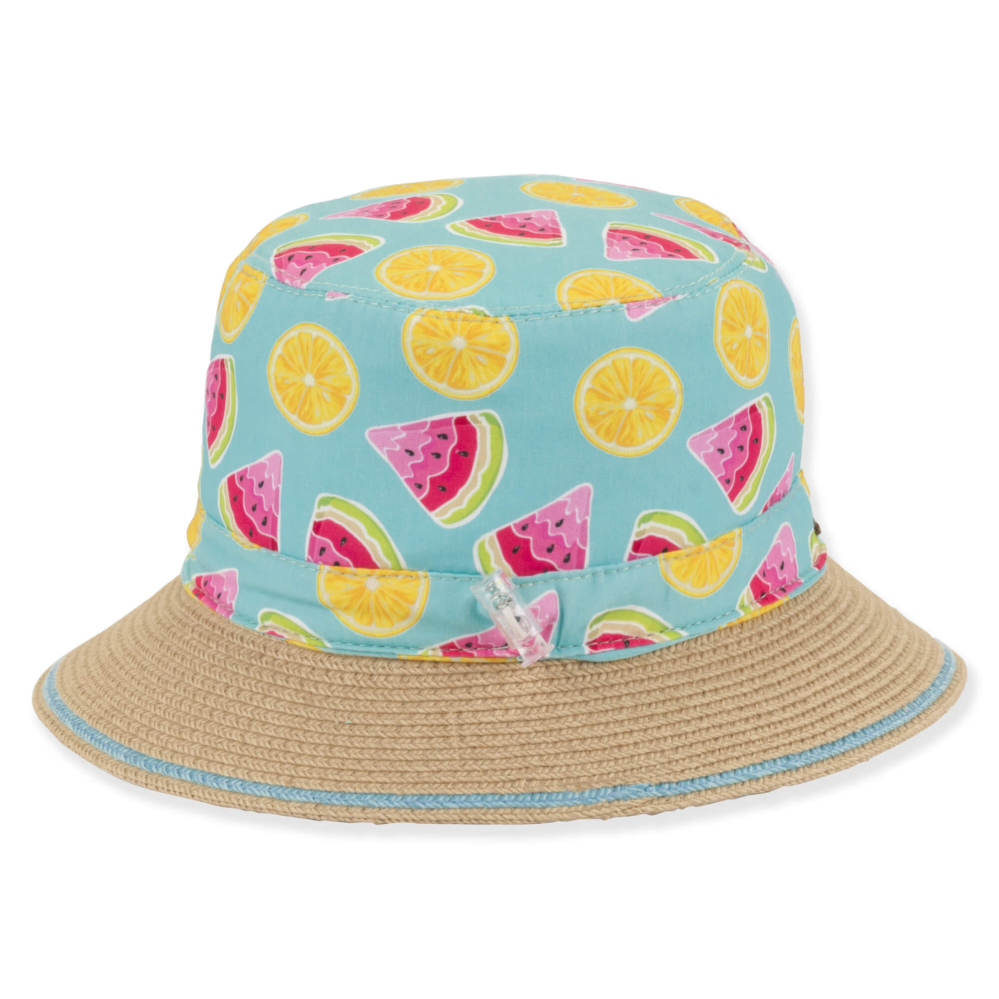 Three-quarter view of a beige woven brim bucket hat featuring a light blue crown with vibrant watermelon and lemon prints.