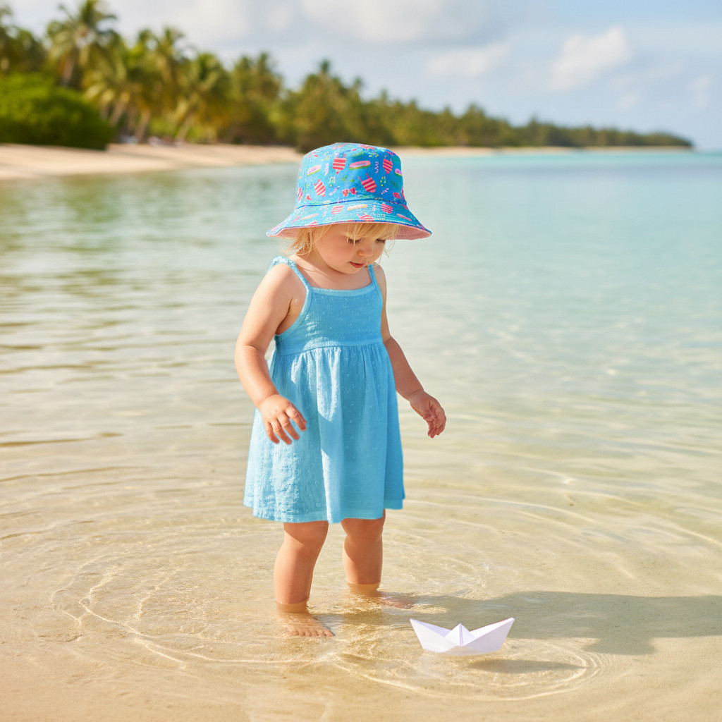 Lifestyle profile portrait of the Sun N Sand HK500 YG Kids’ Trucker Hat in a pale yellow and green tropical palm tree pattern, featuring a vibrant turquoise palm tree print on the foam front and curved brim with breathable white mesh back panels for sun-safe outdoor play and shaded beach comfort.