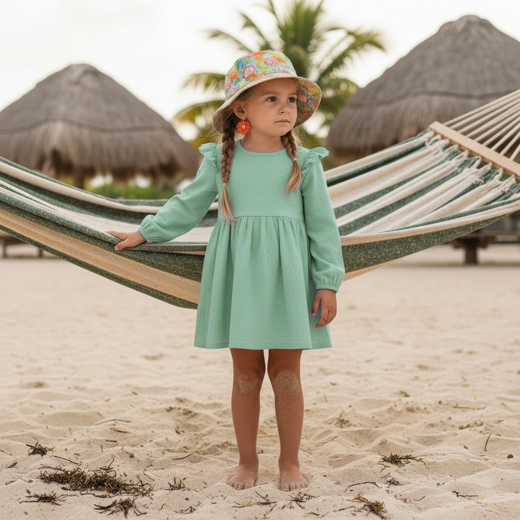 Lifestyle beach shot of the Sun N Sand HK558 kids' sun hat in a vibrant multi-color floral pattern, featuring a soft flexible brim and a crushable fabric design for easy packing and stylish UV protection.