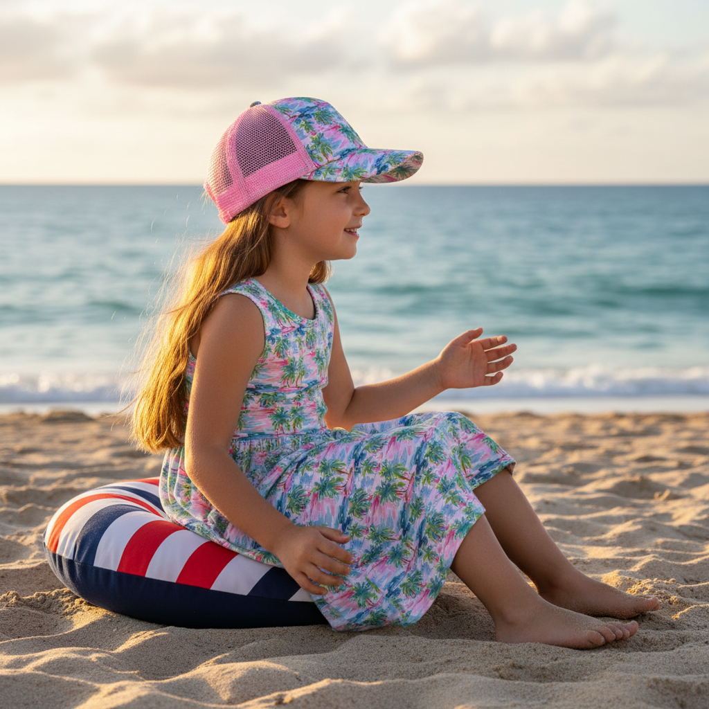 Lifestyle beach shot of the Sun N Sand HK562 kids' trucker hat in a pink and green palm tree pattern, featuring a pink breathable mesh back and a curved sun-shielding brim for stylish UV protection during outdoor activities.