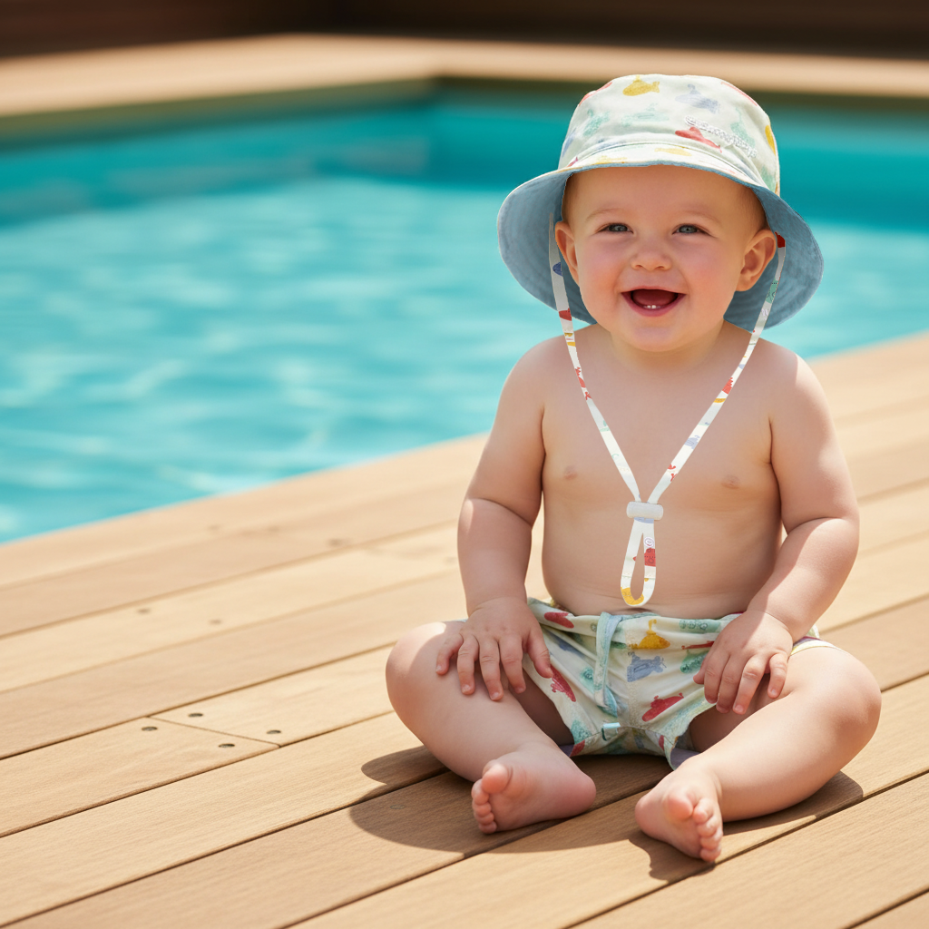 Lifestyle poolside shot of the Sun N Sand HK567 infant sun hat in a light blue submarine and sea life pattern, featuring a wide downward-sloping brim and an adjustable toggle chin strap for secure sun protection during water play.