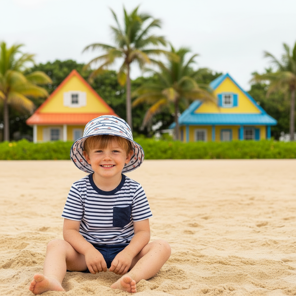Lifestyle beach shot of the Sun N Sand HK568 kids' sun hat in a white and navy nautical stripe pattern, featuring a wide flexible brim and a lightweight cotton construction for breathable comfort and sun safety.