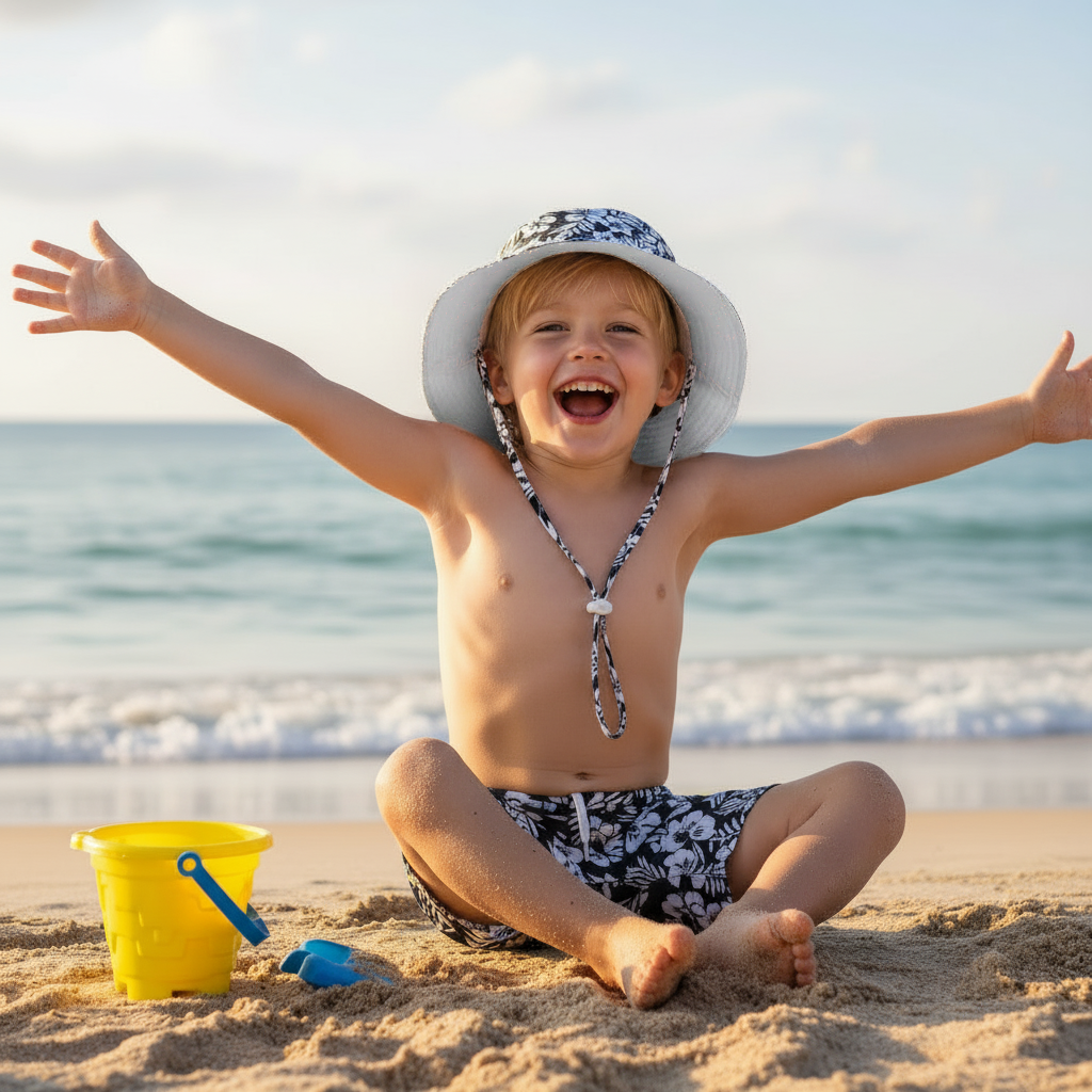 Lifestyle beach shot of the Sun N Sand HK572 kids' sun hat in a black and white floral pattern, featuring a wide protective brim and an adjustable toggle chin strap for secure sun safety during outdoor play.